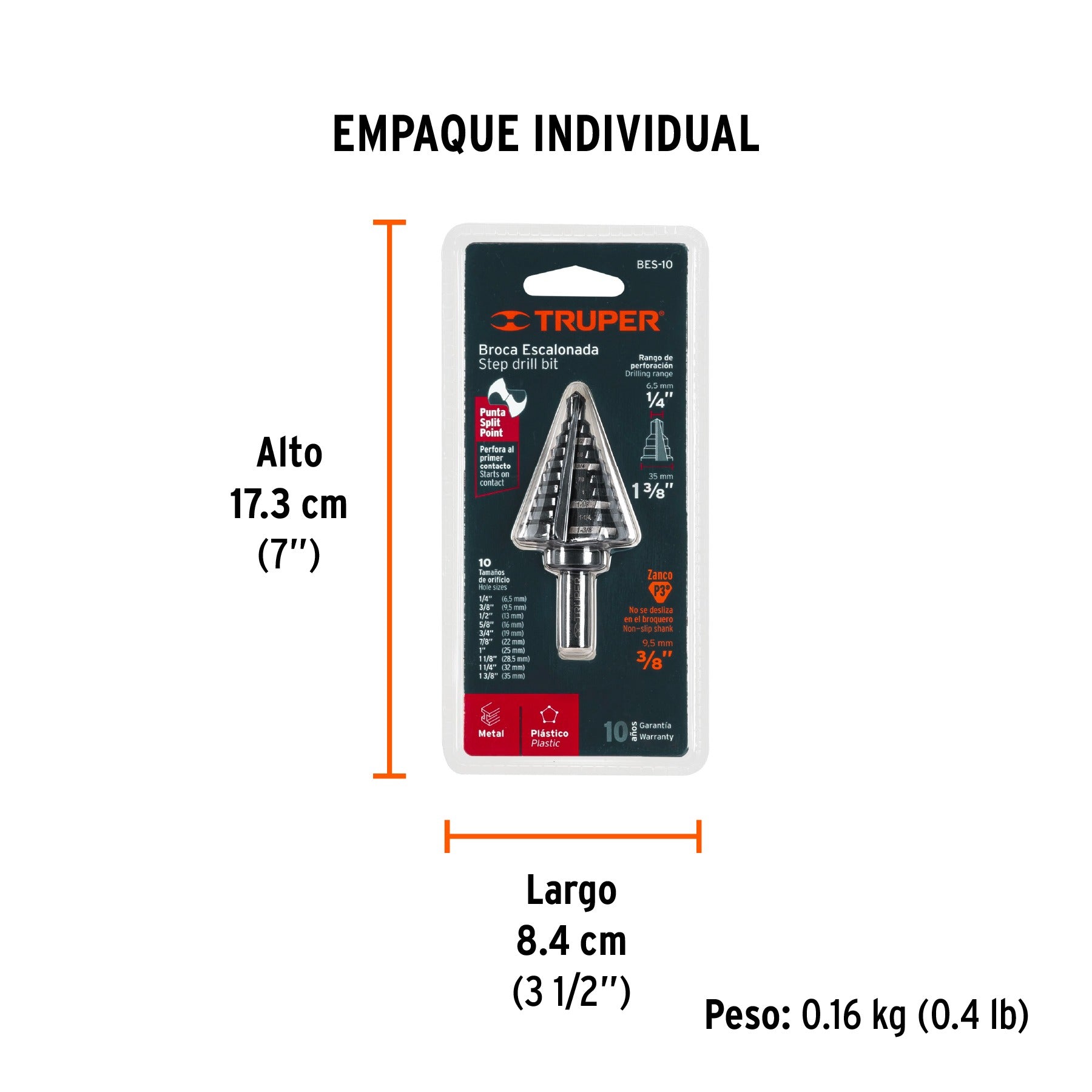 Broca escalonada óxido negro 10escalones 1/4 a 1-3/8",Truper 12126