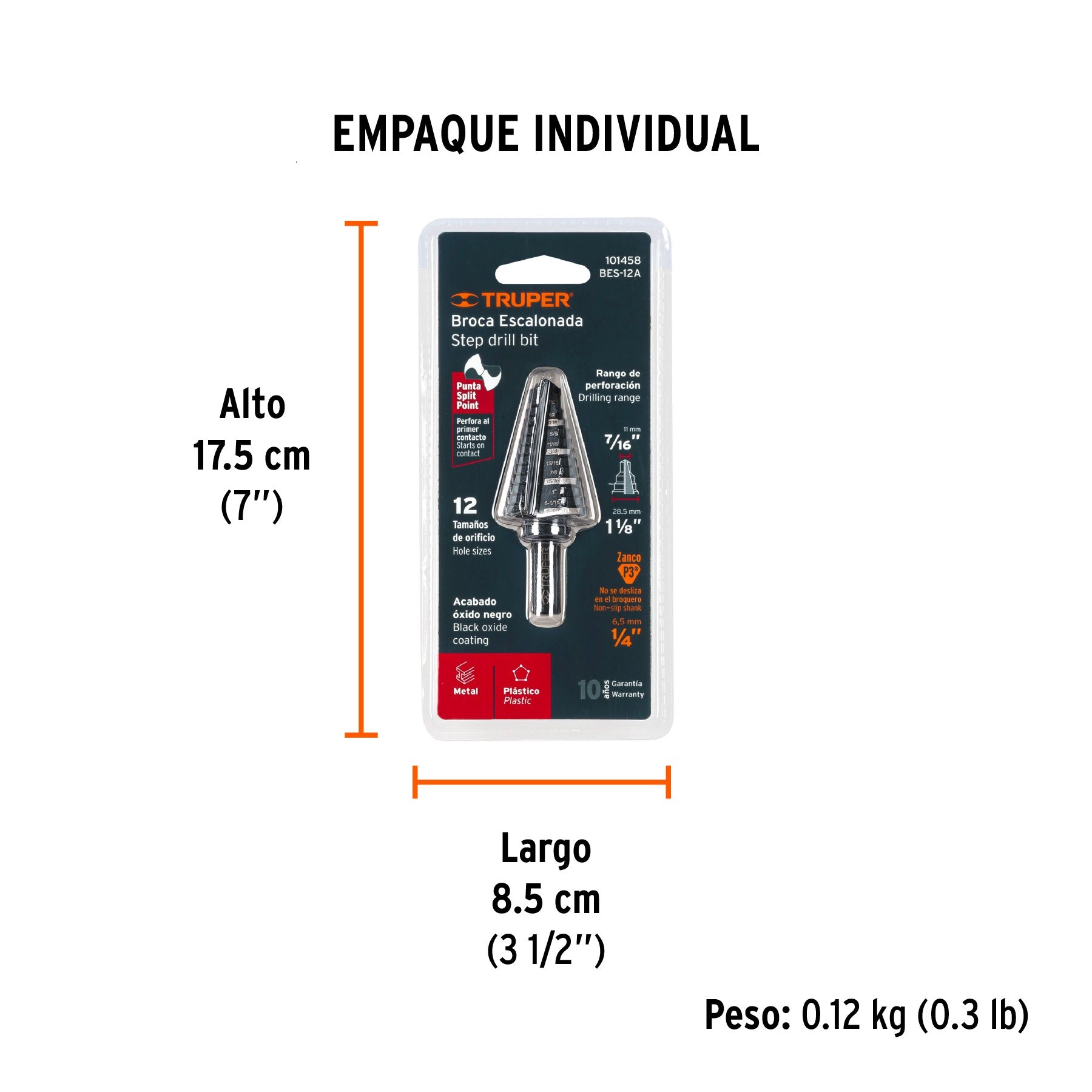 Broca escalonada óxido negro 12escalones 7/16 a 1-1/8,Truper 101458