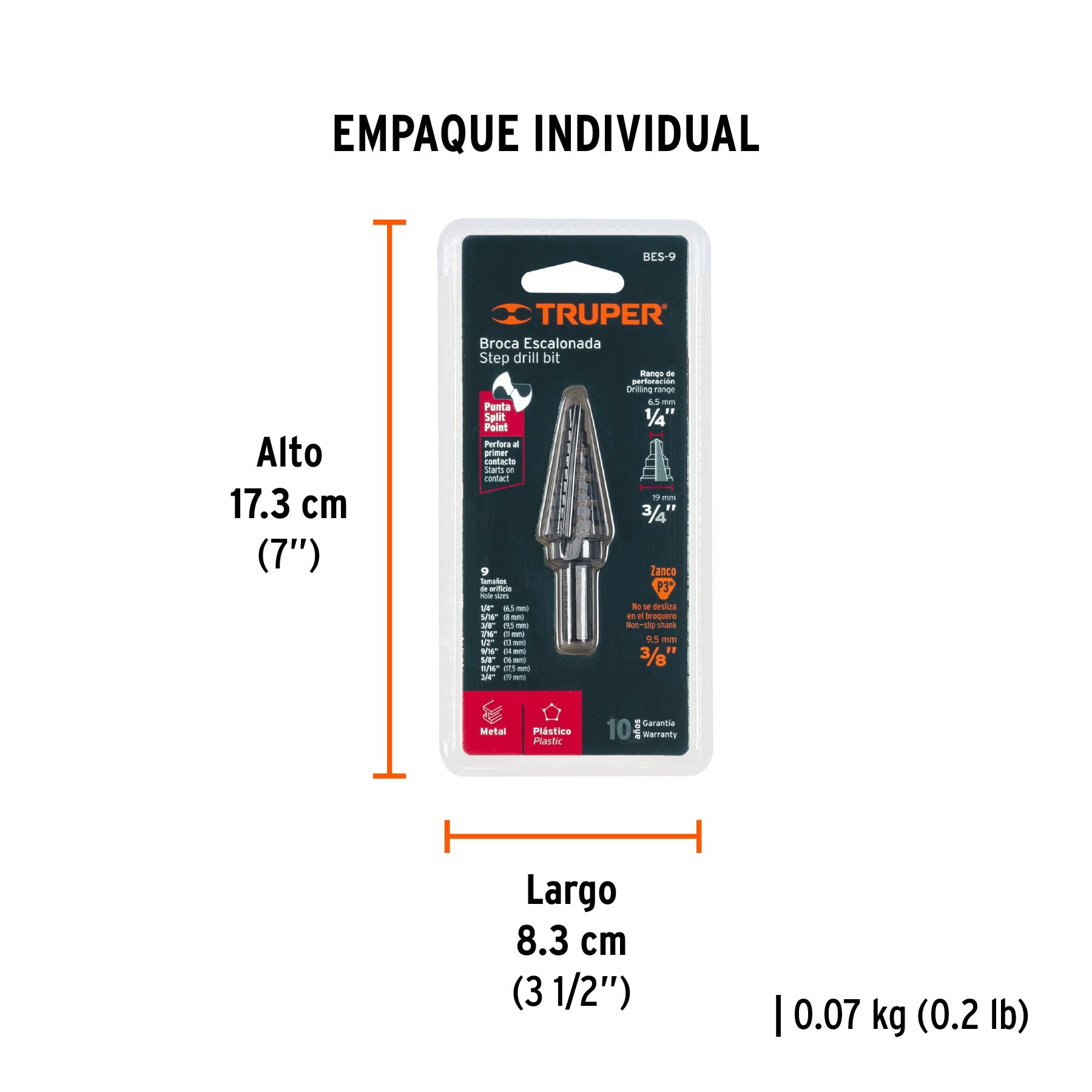 Broca escalonada óxido negro 9 escalones 1/4" a 3/4", TRUPER 12123