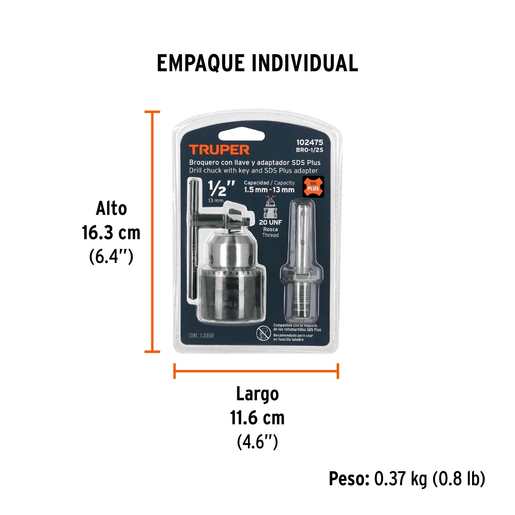 Broquero 1/2" con llave y adaptador SDS Plus, TRUPER 102475