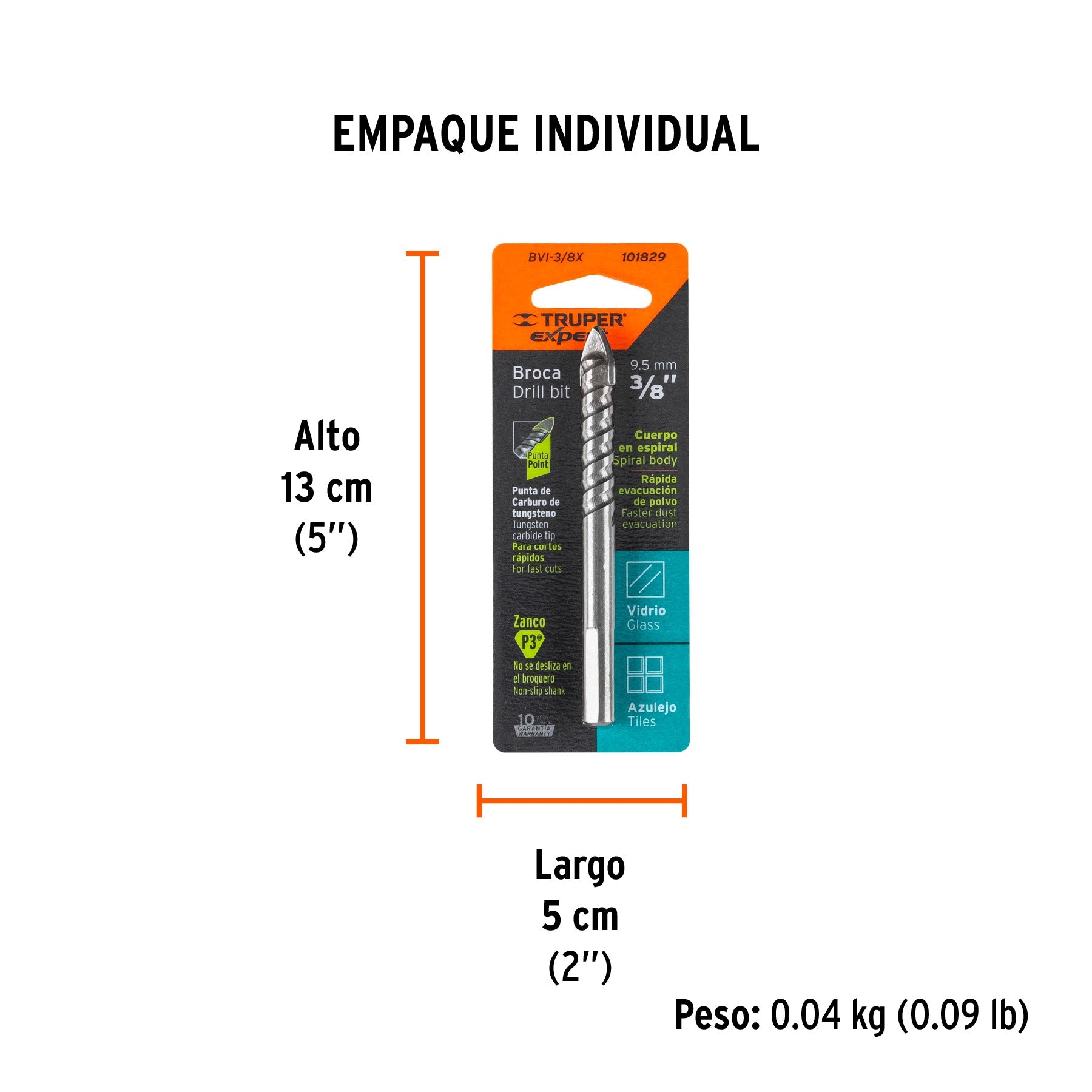 Broca para vidrio y azulejo 3/8", TRUPER 101829