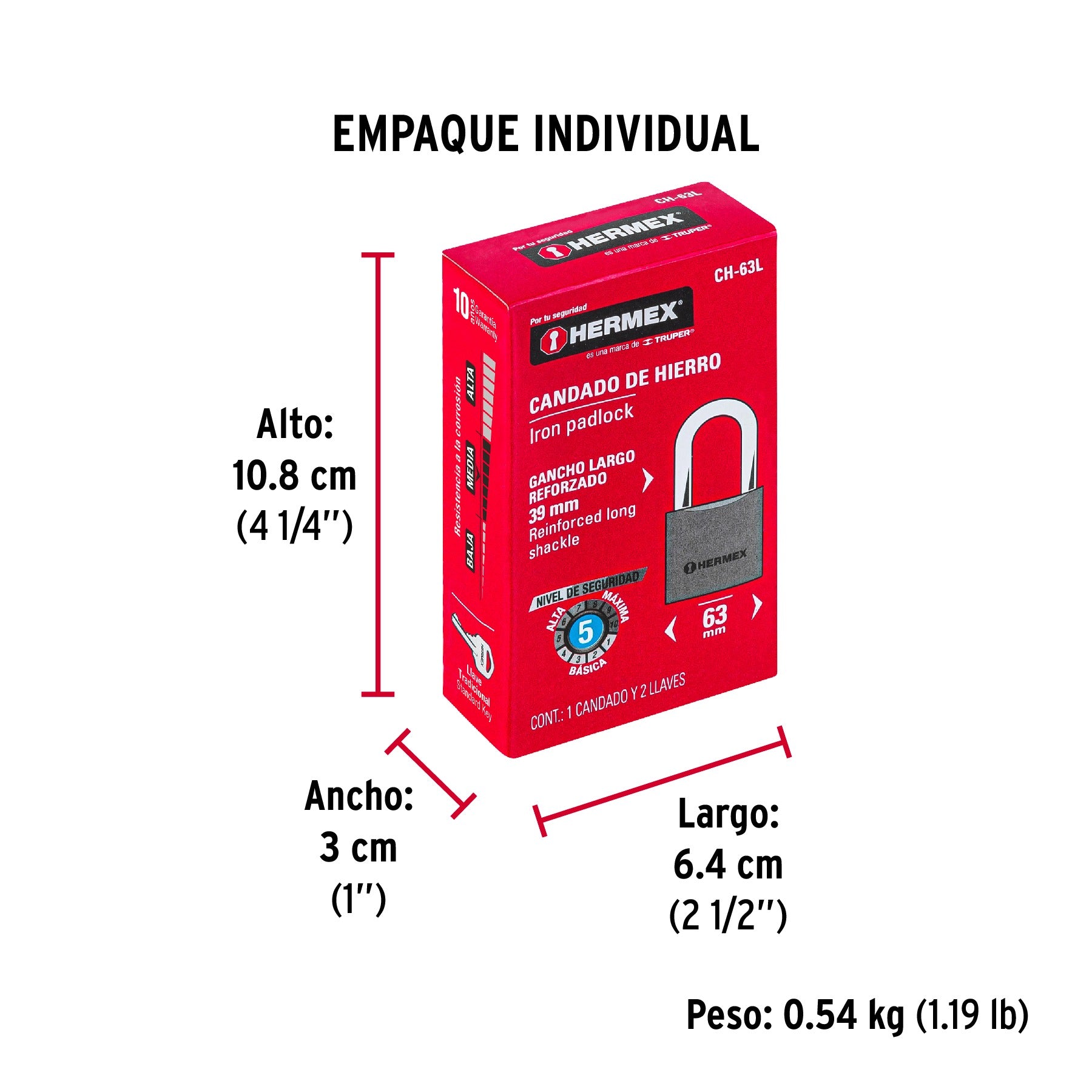 Candado de hierro 63 mm, gancho largo en caja, HERMEX - 43802
