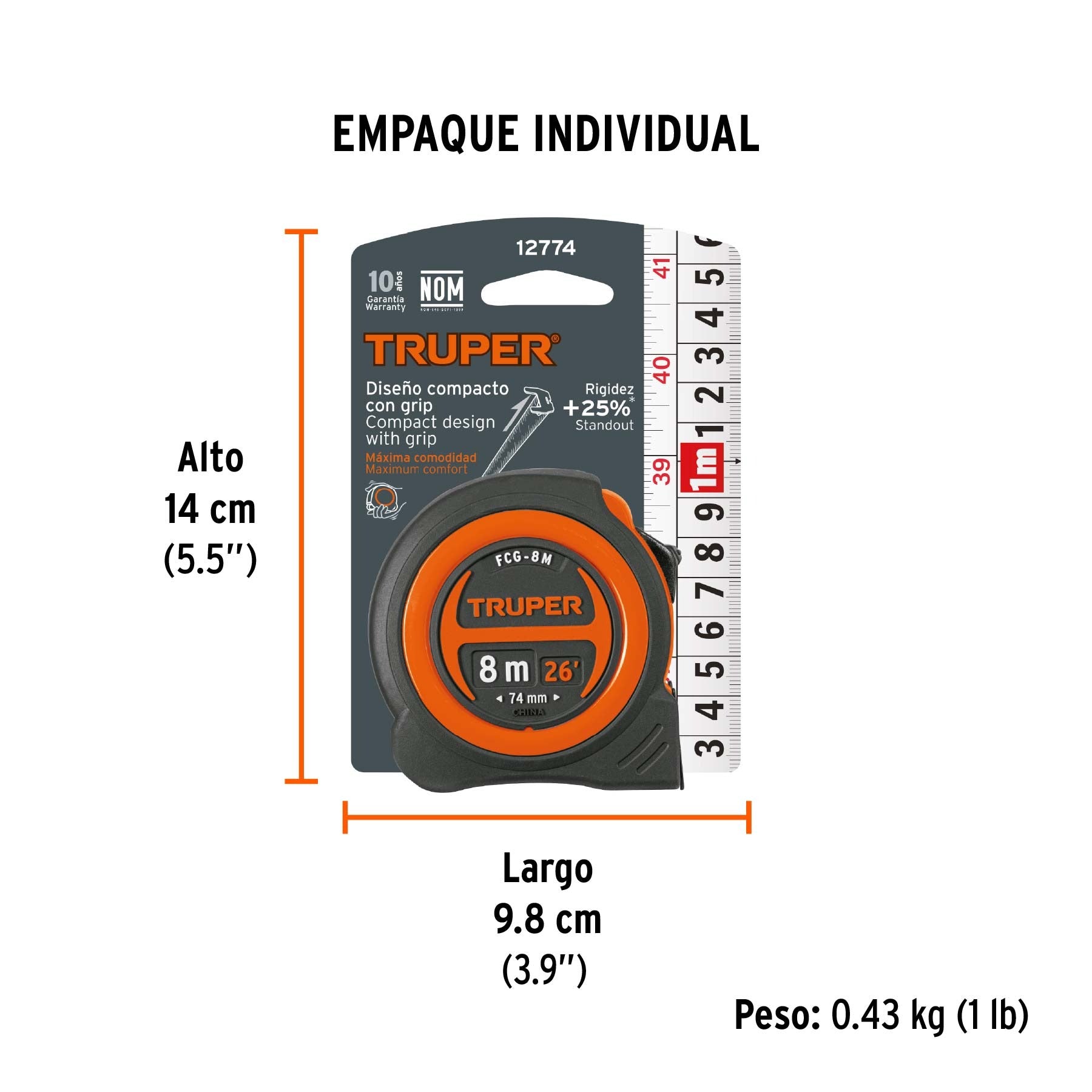 Cinta métrica compacto contra impactos 8 m cinta 25 mm, TRUPER 12774