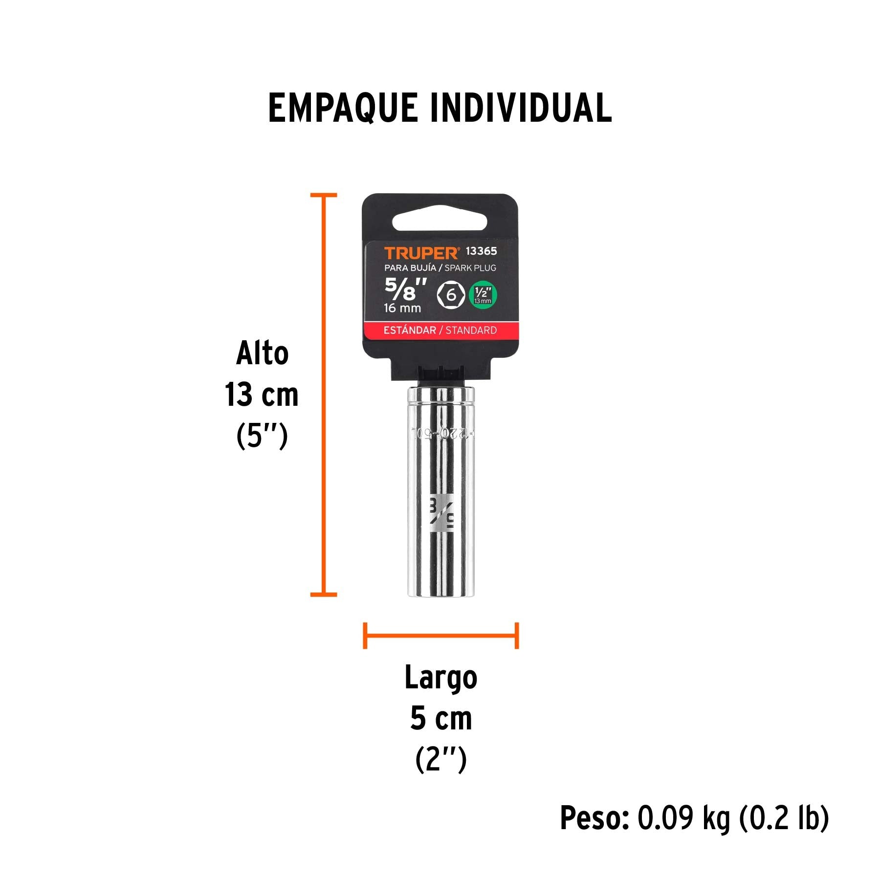 Dado largo para bujía de 5/8", 6 puntas, cuadro de 1/2" Truper 13365
