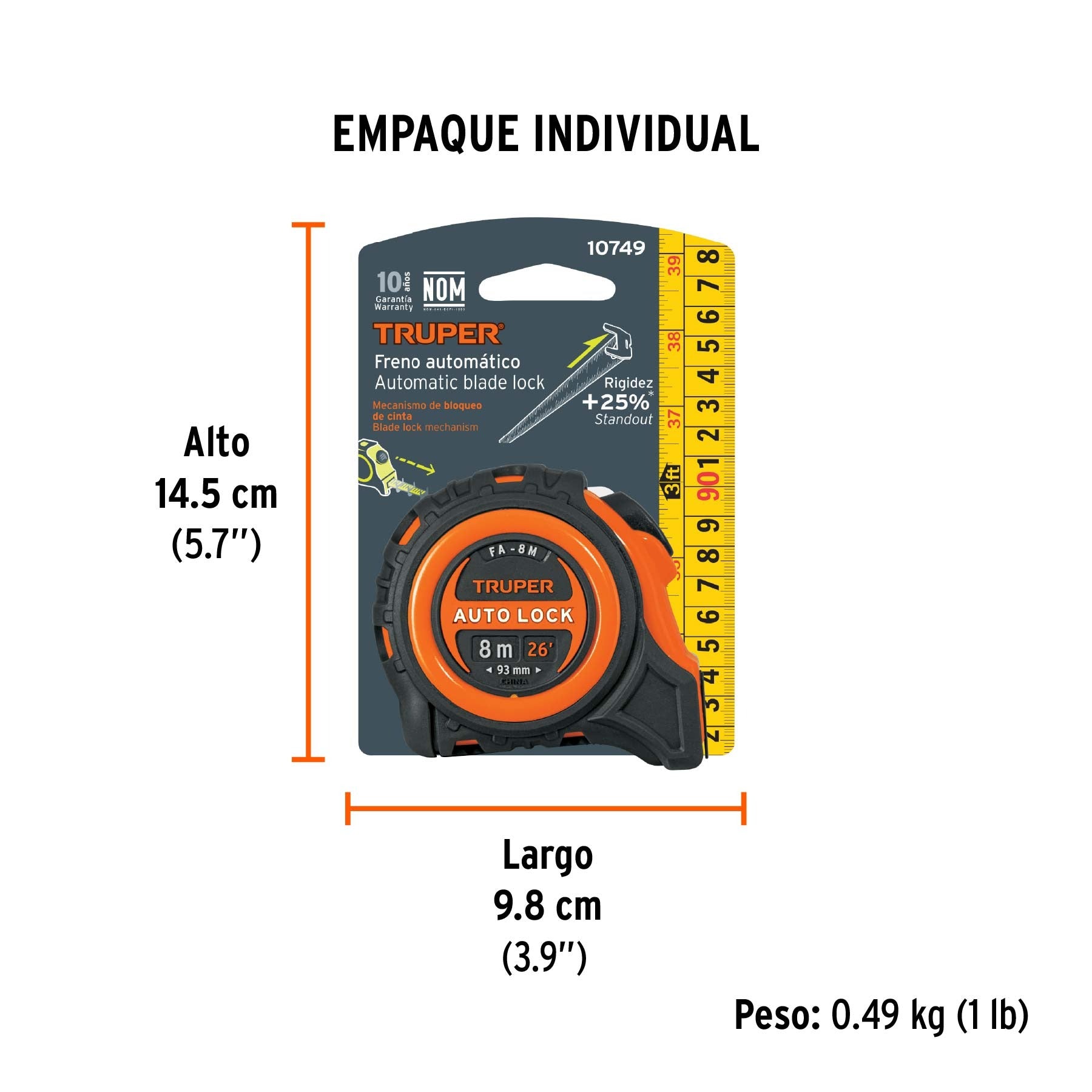 Cinta Metrica Wincha contra impactos 8 m cinta 25 mm TRUPER - 10749