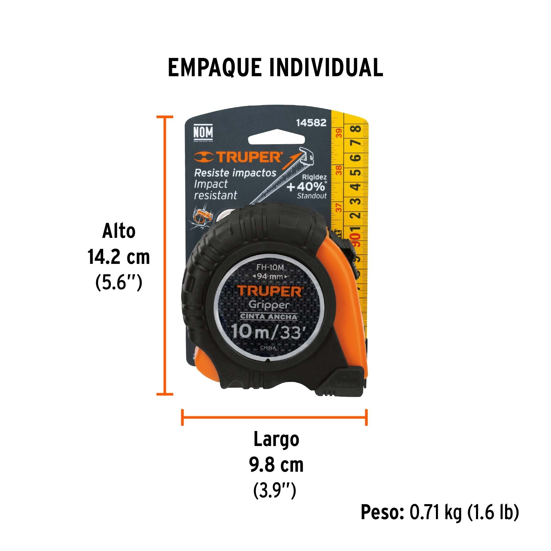 Flexómetro Gripper contra impactos 10 m cinta 32 mm, TRUPER - 14582