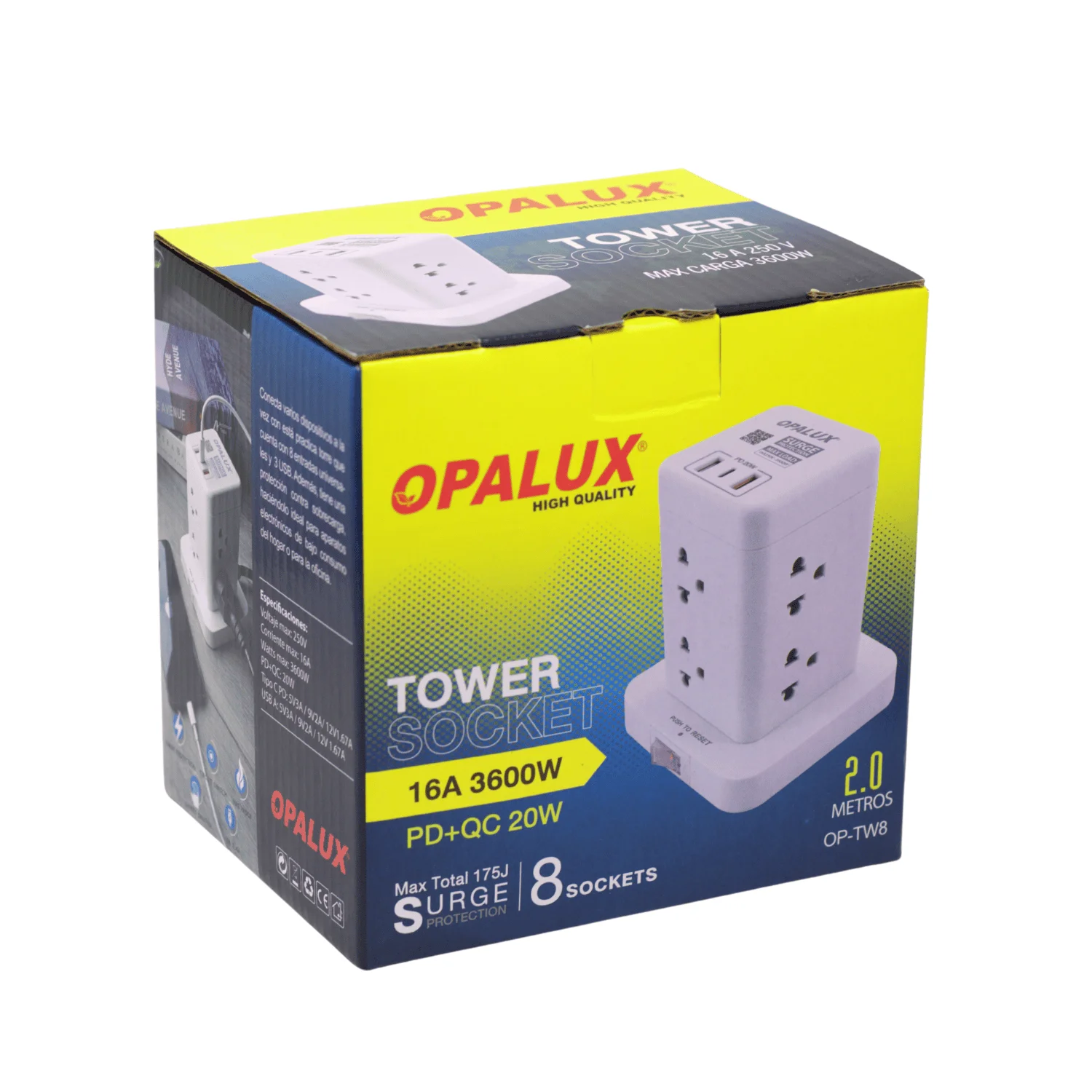 Adaptador tipo Torre de 8 tomas 2 Usb Tipo A + Tipo C Opalux OP-TW8