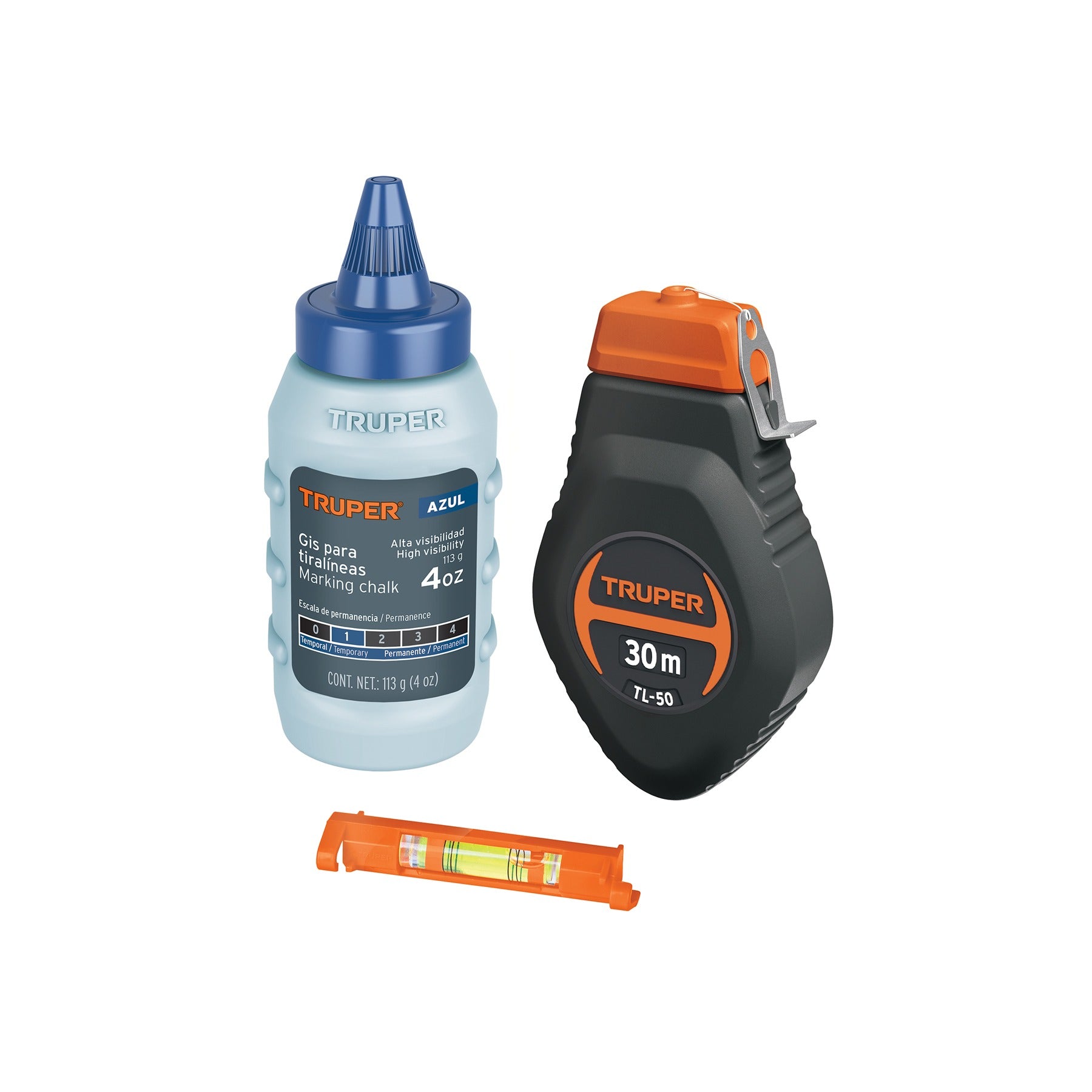Tiralíneas plástico con gis y nivel 30 m (100 ft), Truper - 18574
