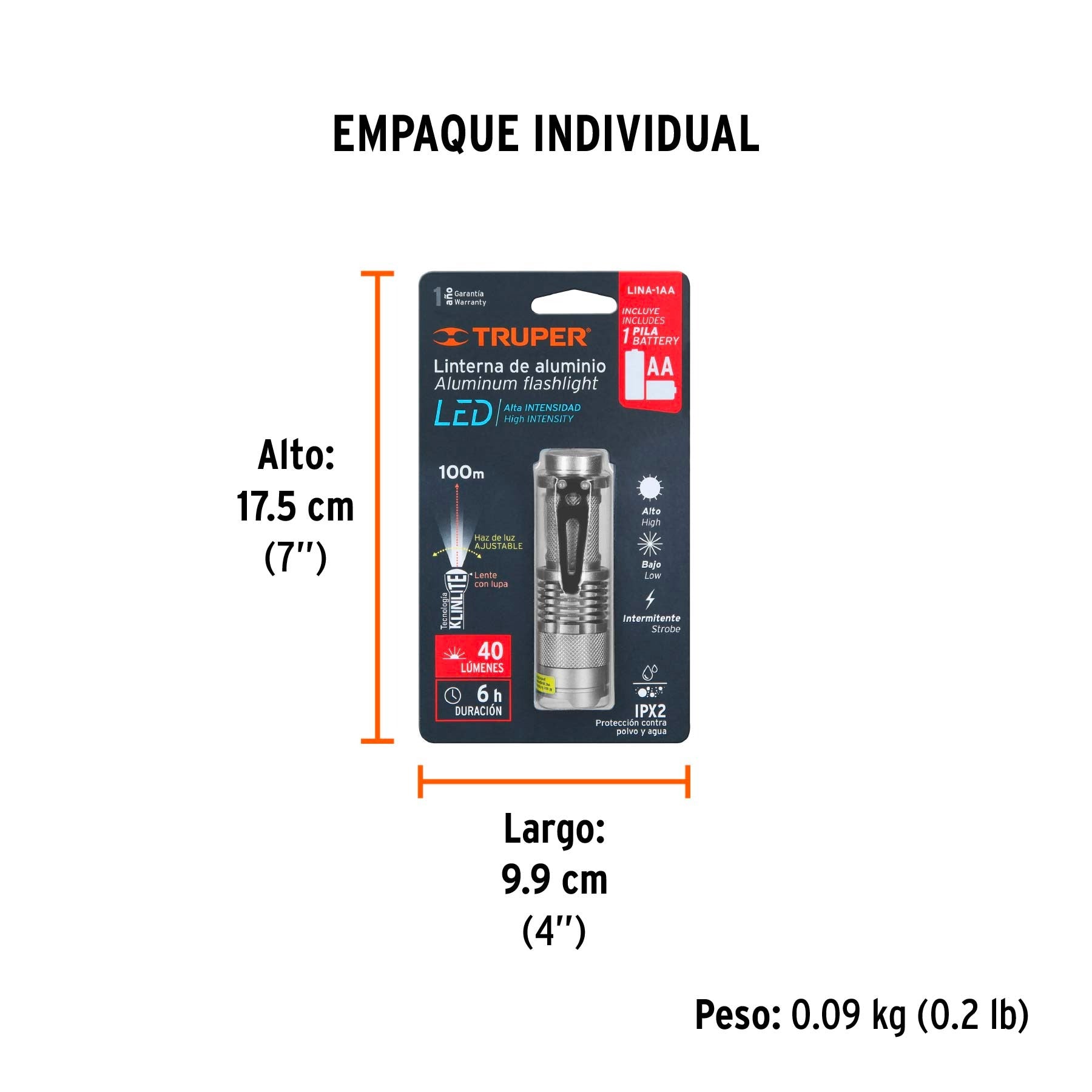 Linterna de aluminio 1 LED de 40 lm con 1 pila AA, TRUPER 17256