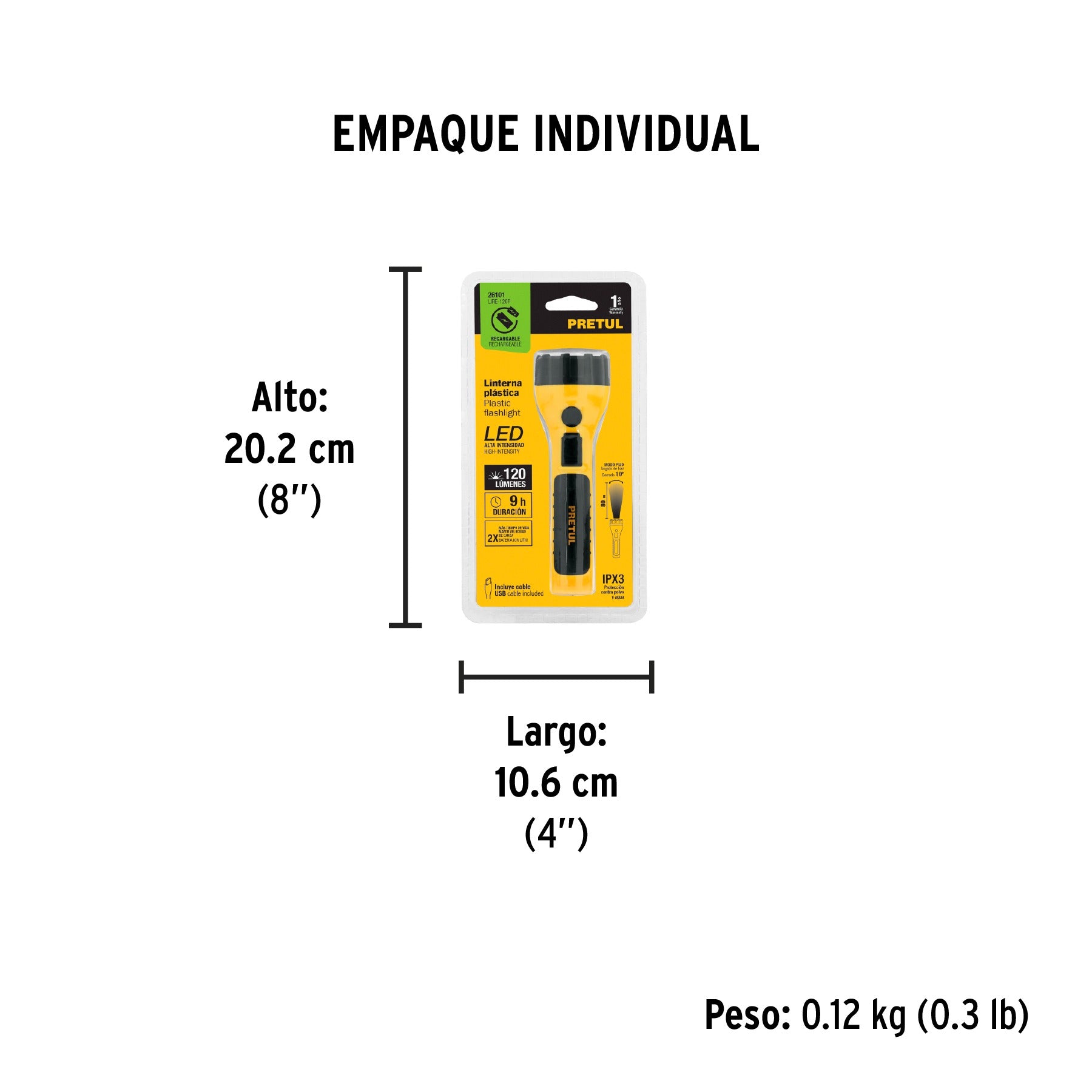 Linterna plástica de LED, 120 lm, recargable, PRETUL 26101