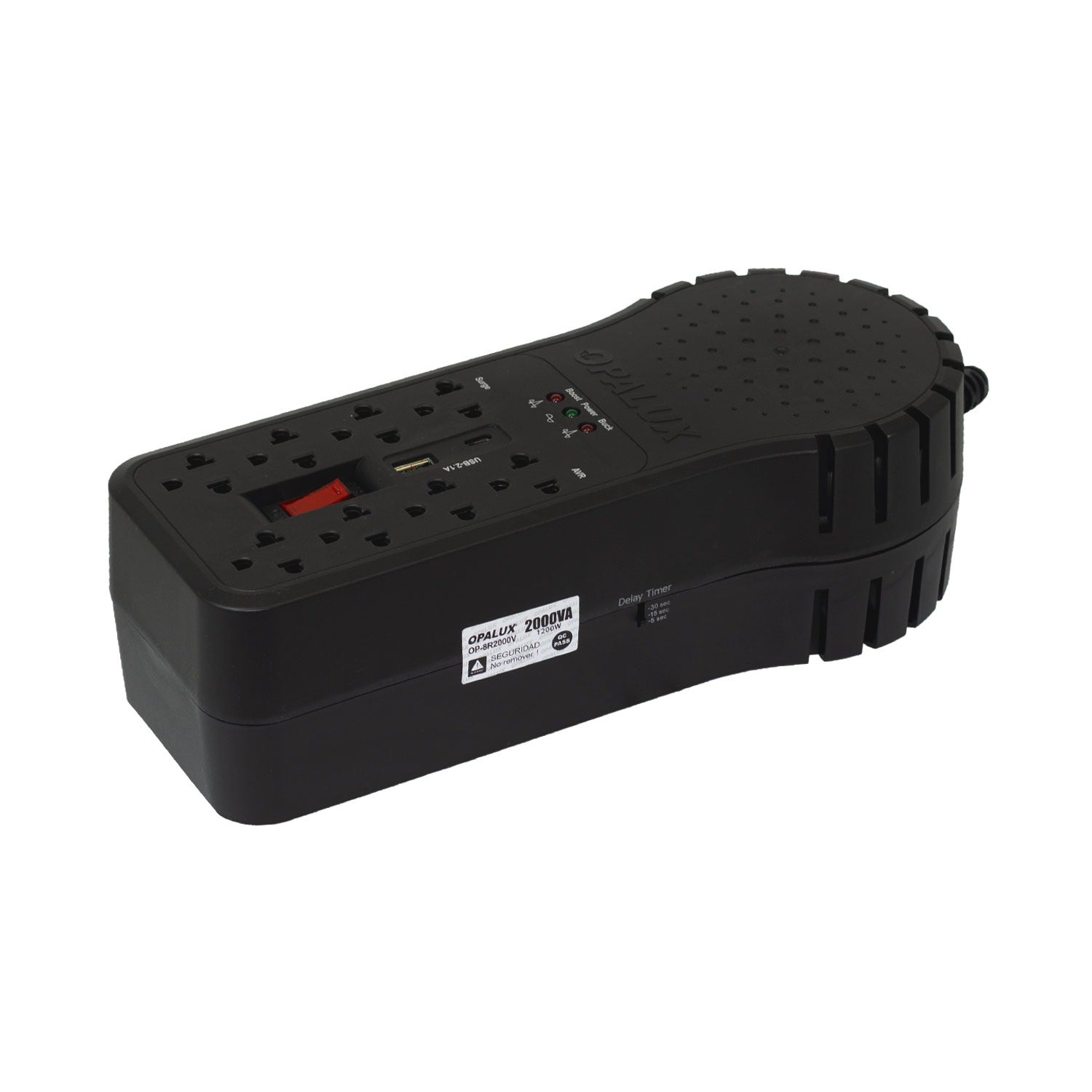 Estabilizador de Voltaje de 1200W 8 Salidas con USB OPALUX OP-8R2000V