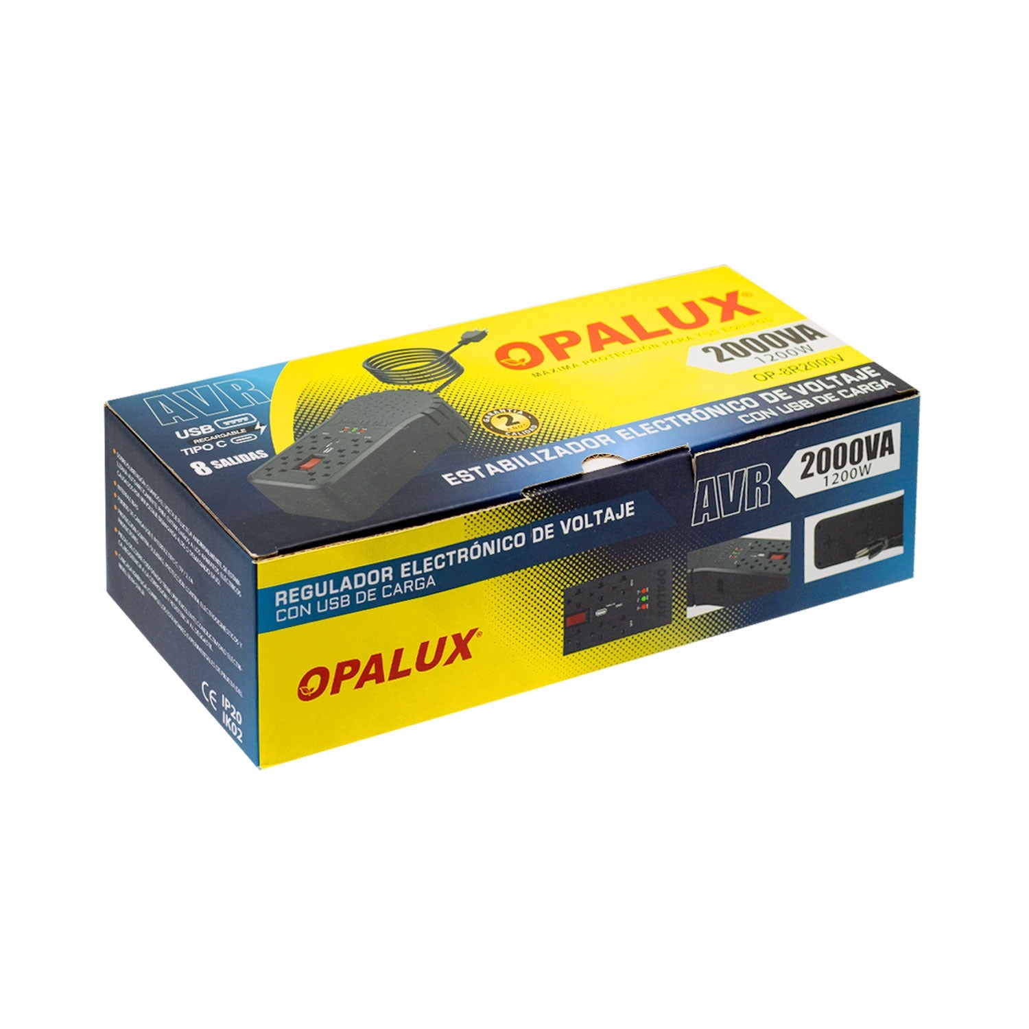 Estabilizador de Voltaje de 1200W 8 Salidas con USB OPALUX OP-8R2000V