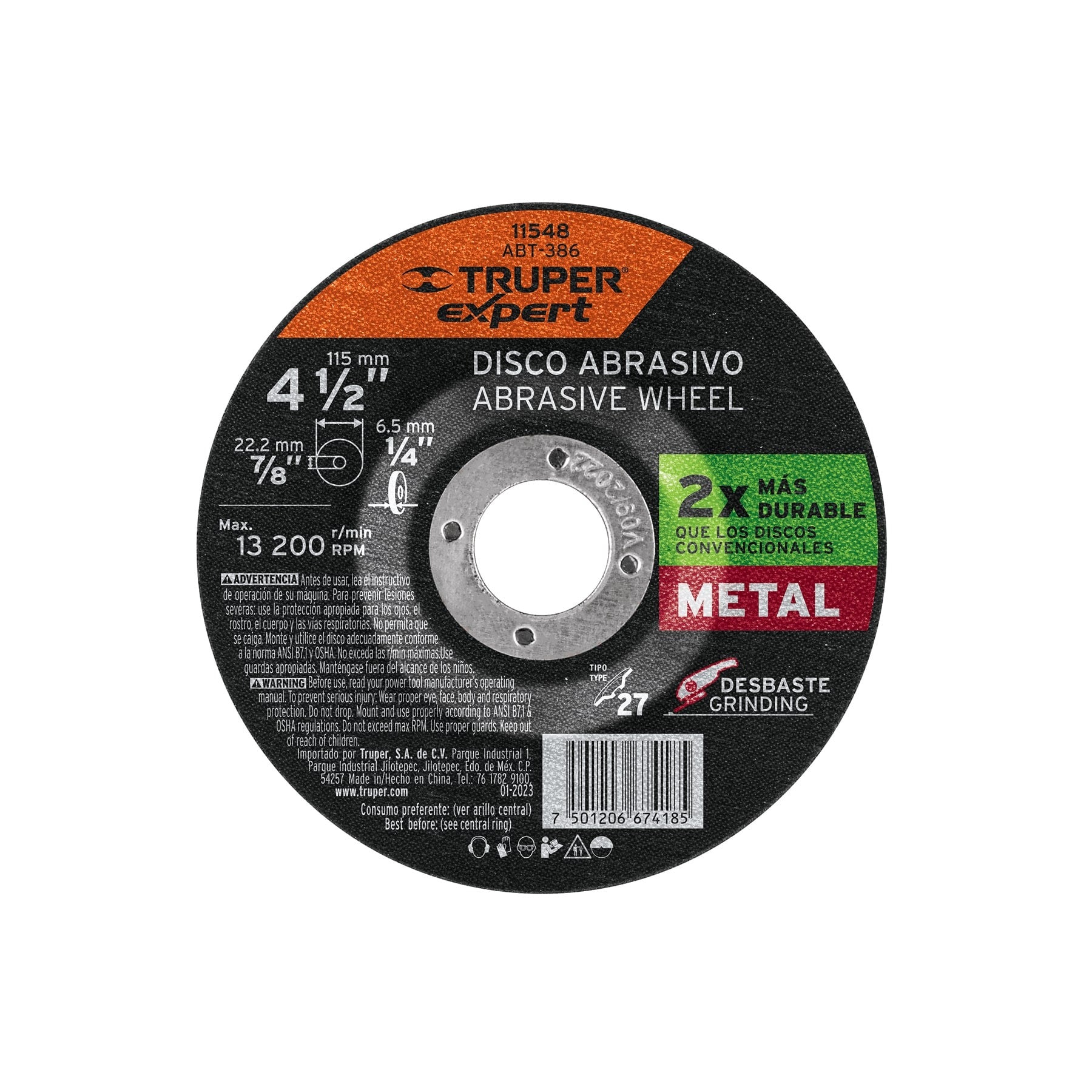 Disco Tipo 27 de 4-1/2" x 6.4 mm desbaste de metal, TRUPER - 11548