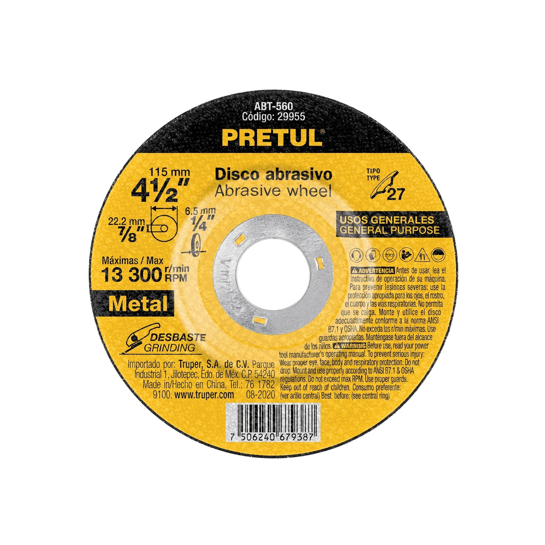 Disco Tipo 27 de 4-1/2" x 6.2 mm desbaste de metal, PRETUL 29955