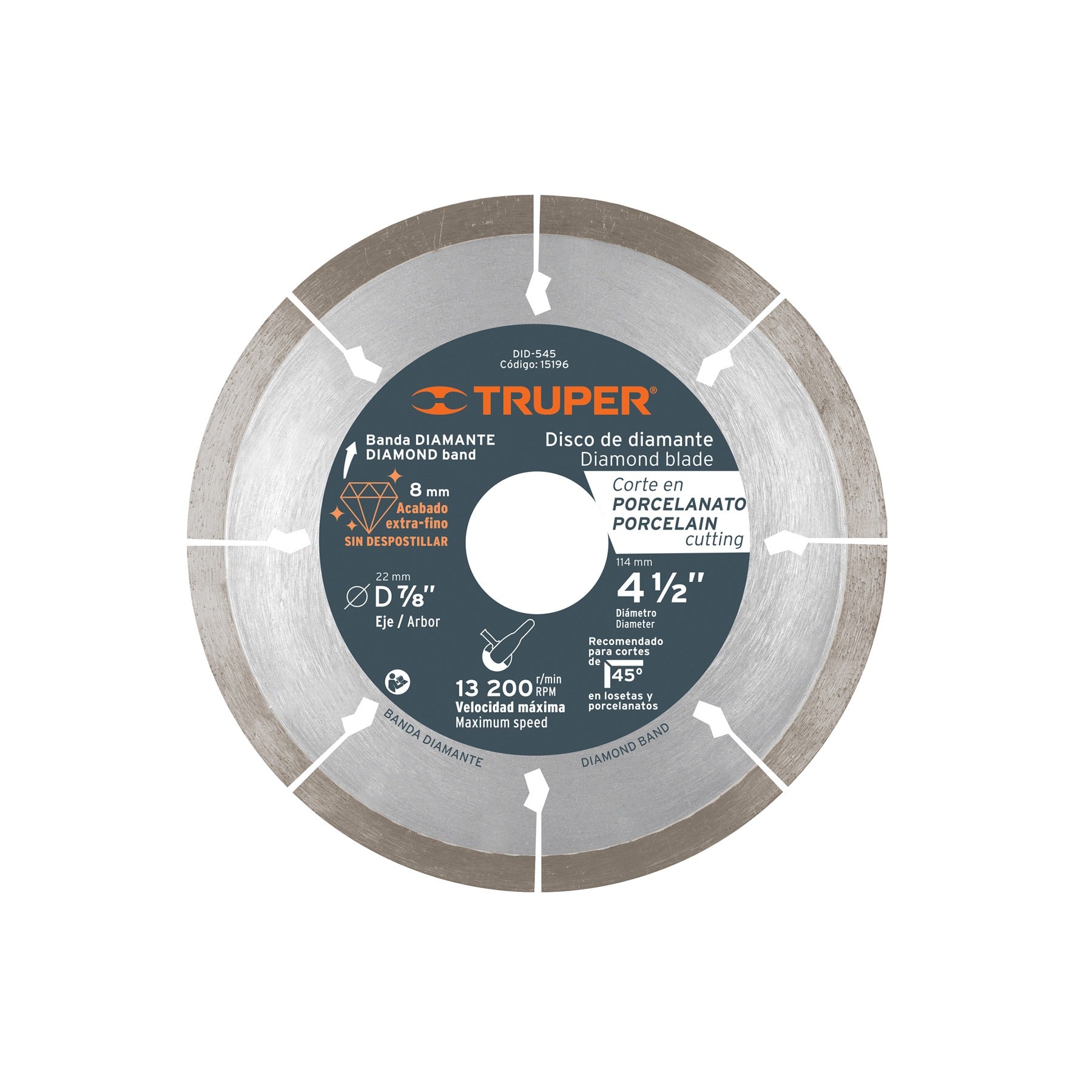 Disco de diamante de 4-1/2" x 1.3 mm, corte de porcelanato Truper - 15196
