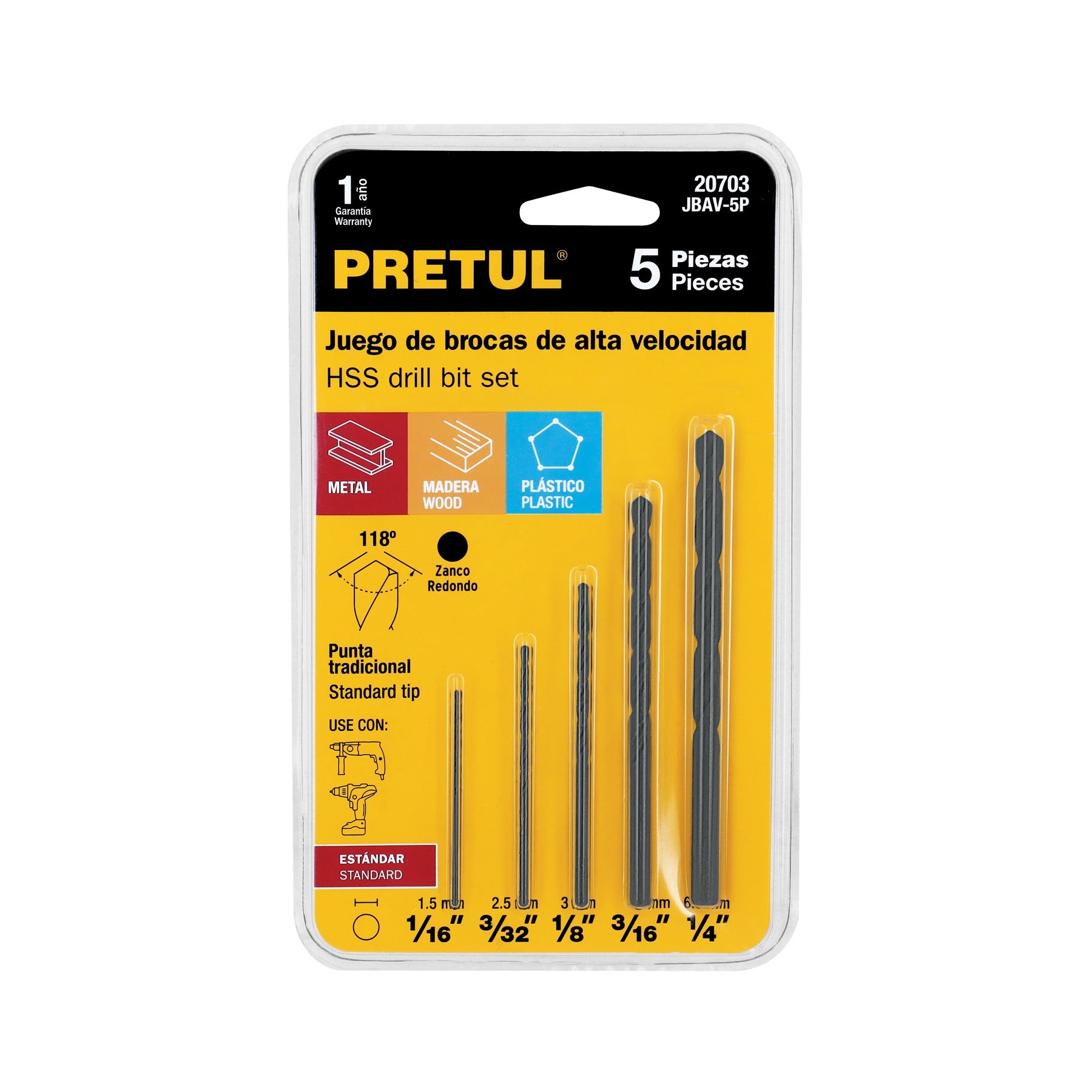 Juego de 5 brocas HSS para metal, PRETUL - 20703