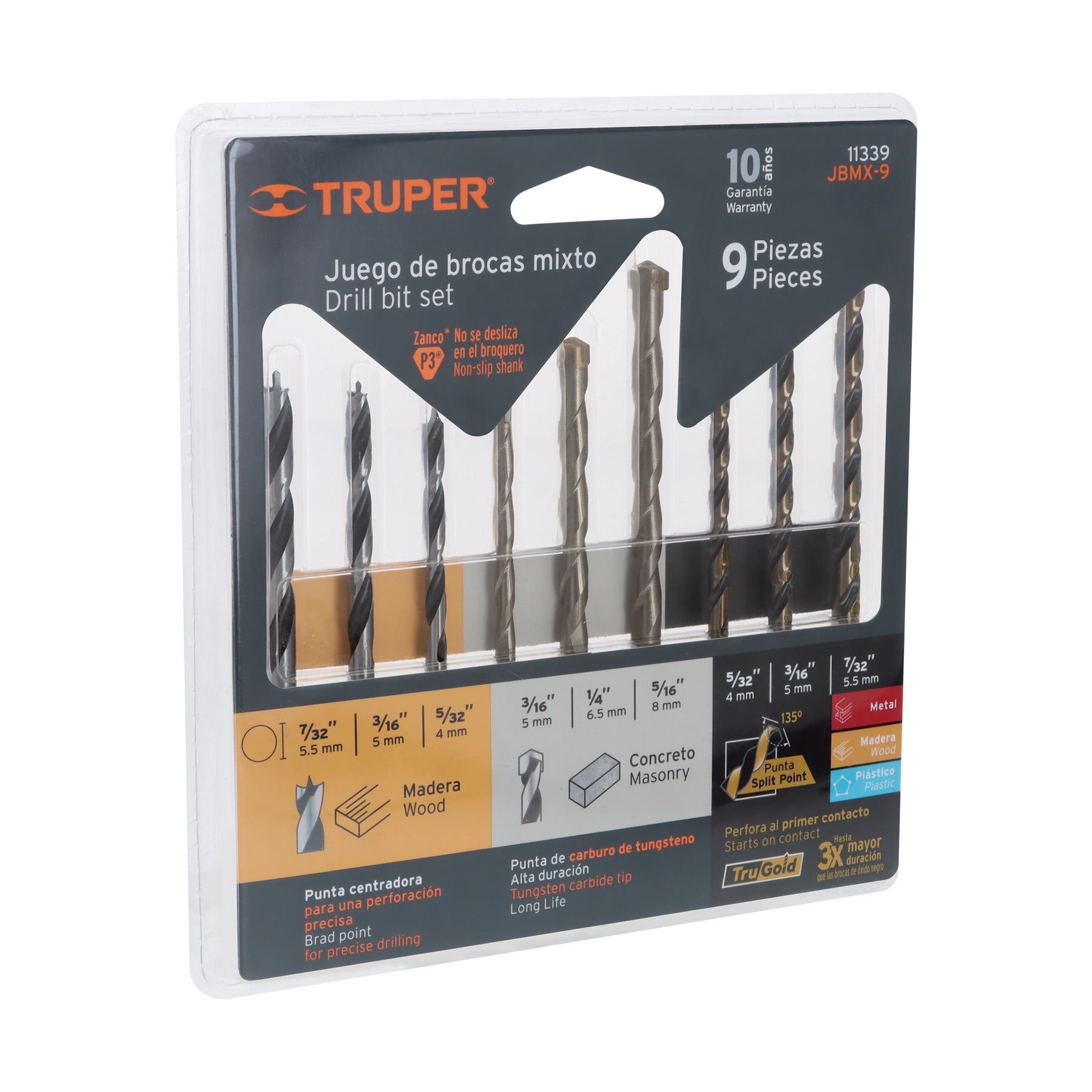 Juego de 9 brocas para metal, concreto y madera, Truper - 11339