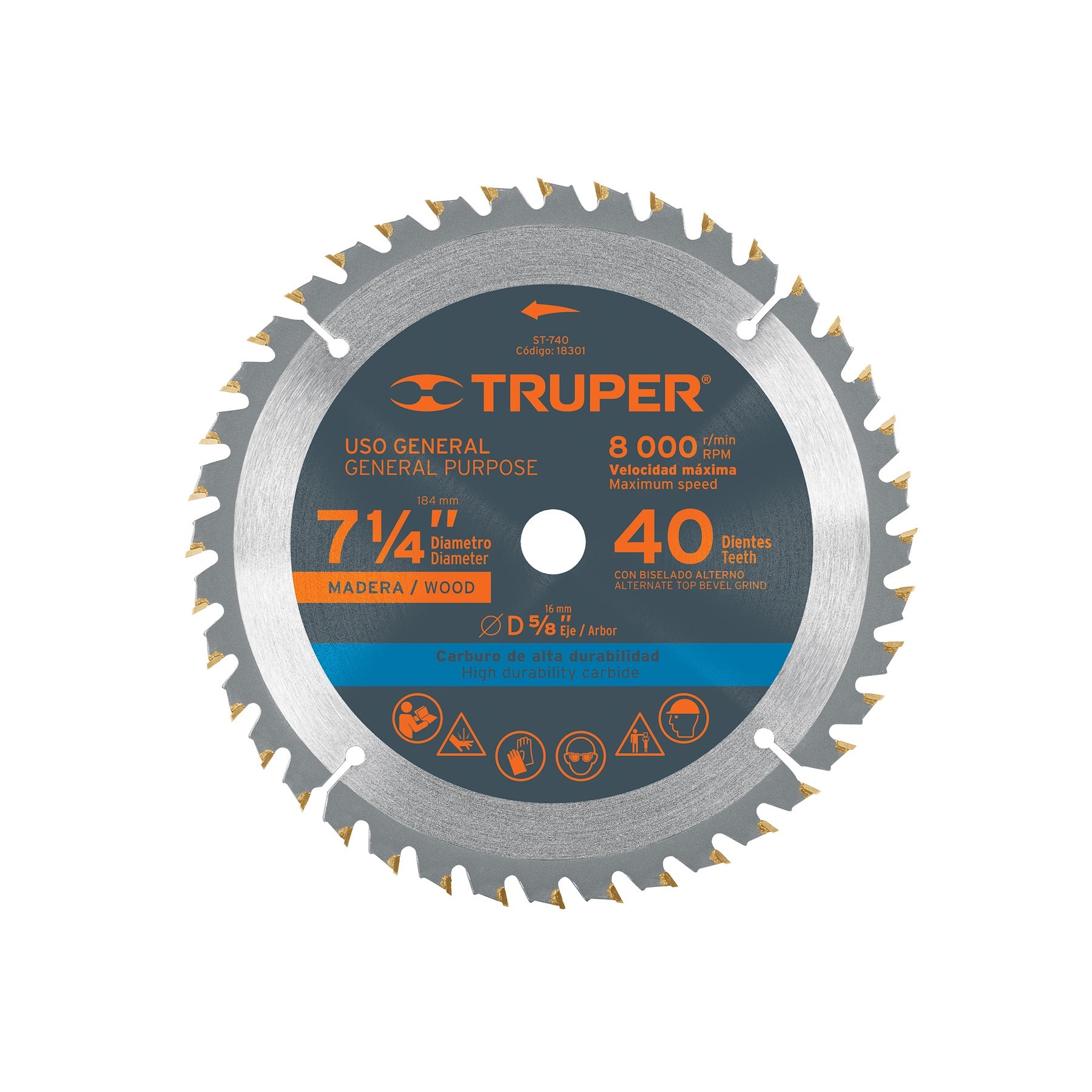 Disco sierra 7- 1/4" para madera, 40 dientes centro 5/8" Truper 18301
