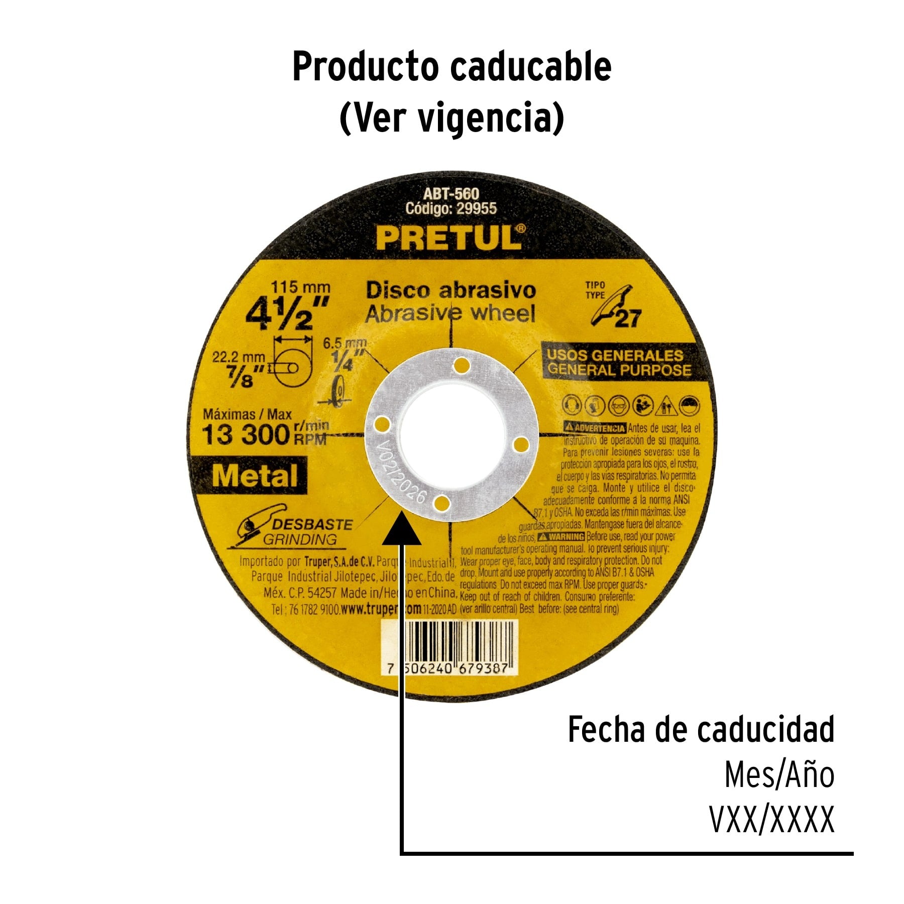 Disco Tipo 27 de 4-1/2" x 6.2 mm desbaste de metal, PRETUL 29955