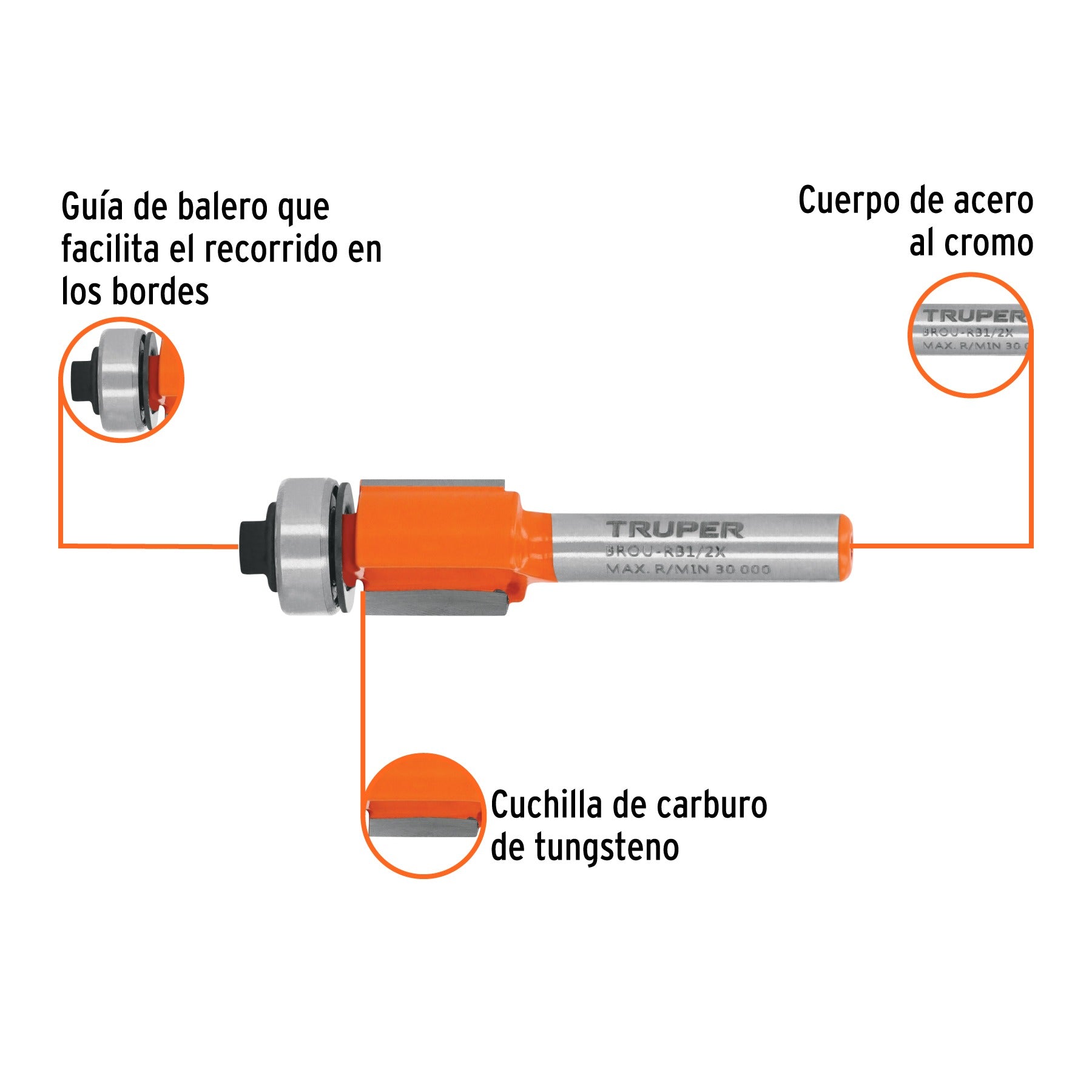 Broca para router, corte recto, 1/2" con balero, TRUPER 11444