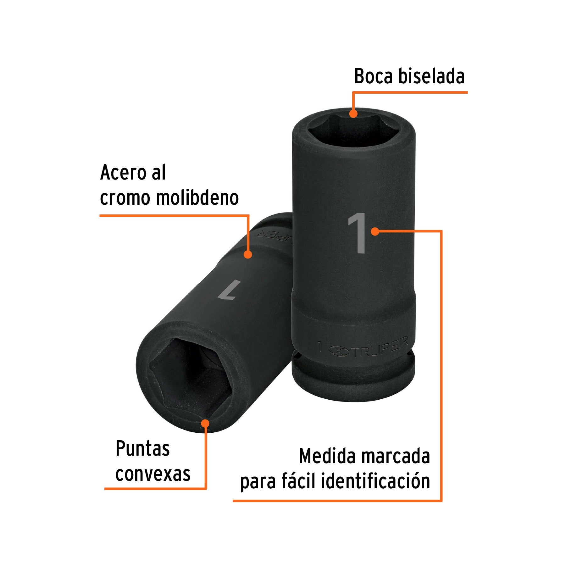 Dado largo de impacto de 1 pulg, 6 puntas, cuadro 3/4", TRUPER 12434