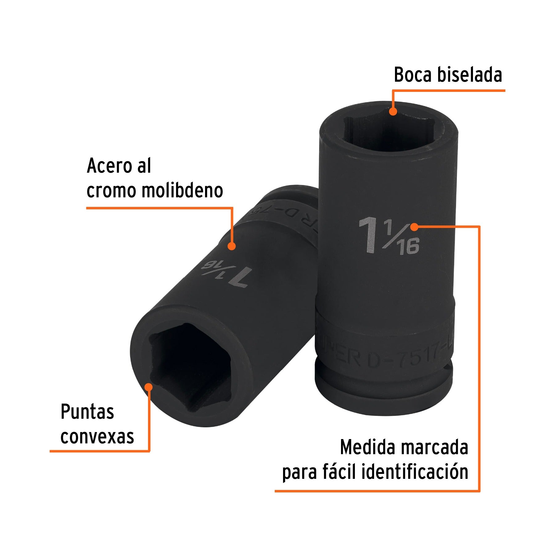 Dado largo de impacto de 1-1/16", 6 puntas, cuadro 3/4" Truper 12435
