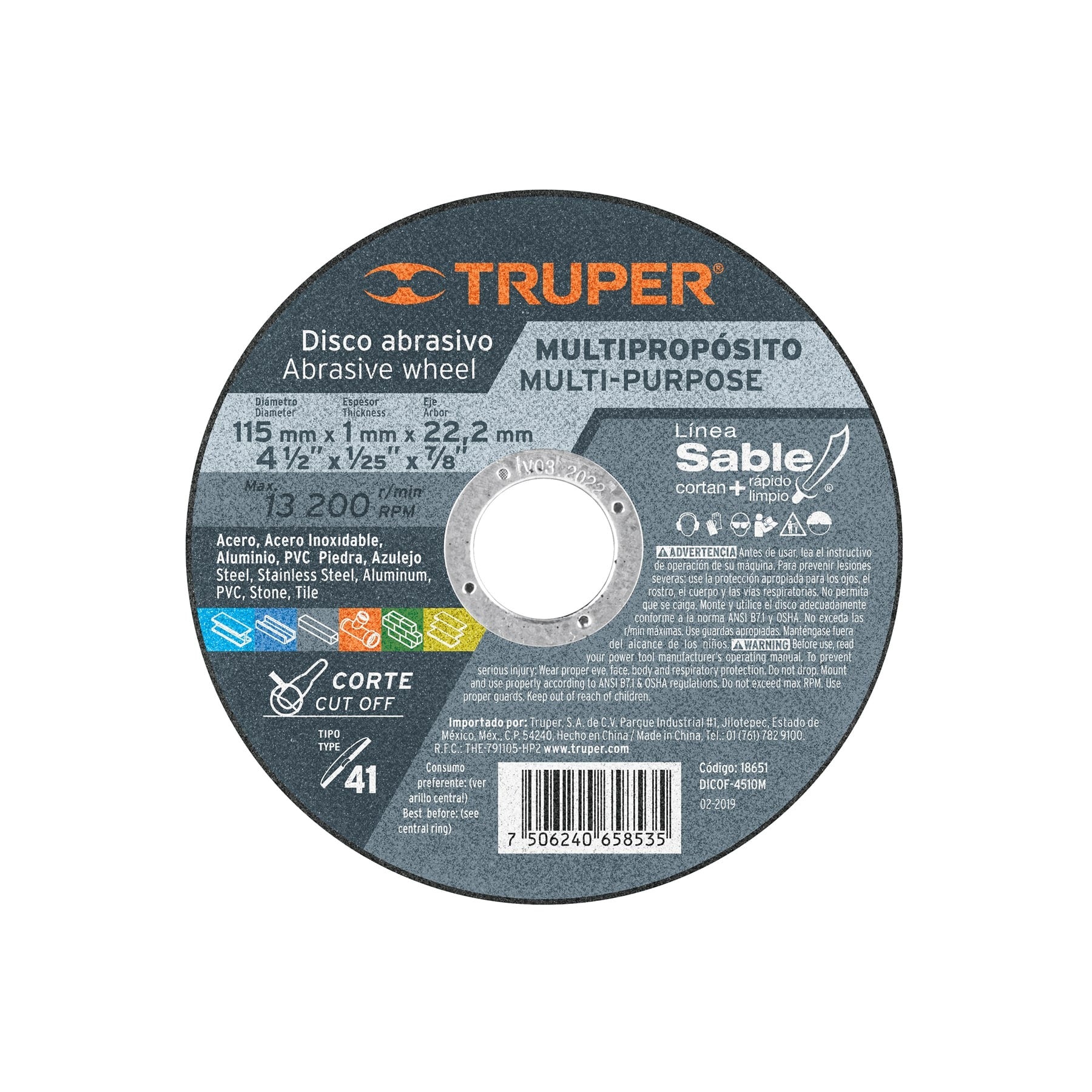 Disco Tipo 41 de 4-1/2" x 1 mm corte multimaterial, Truper - 18651