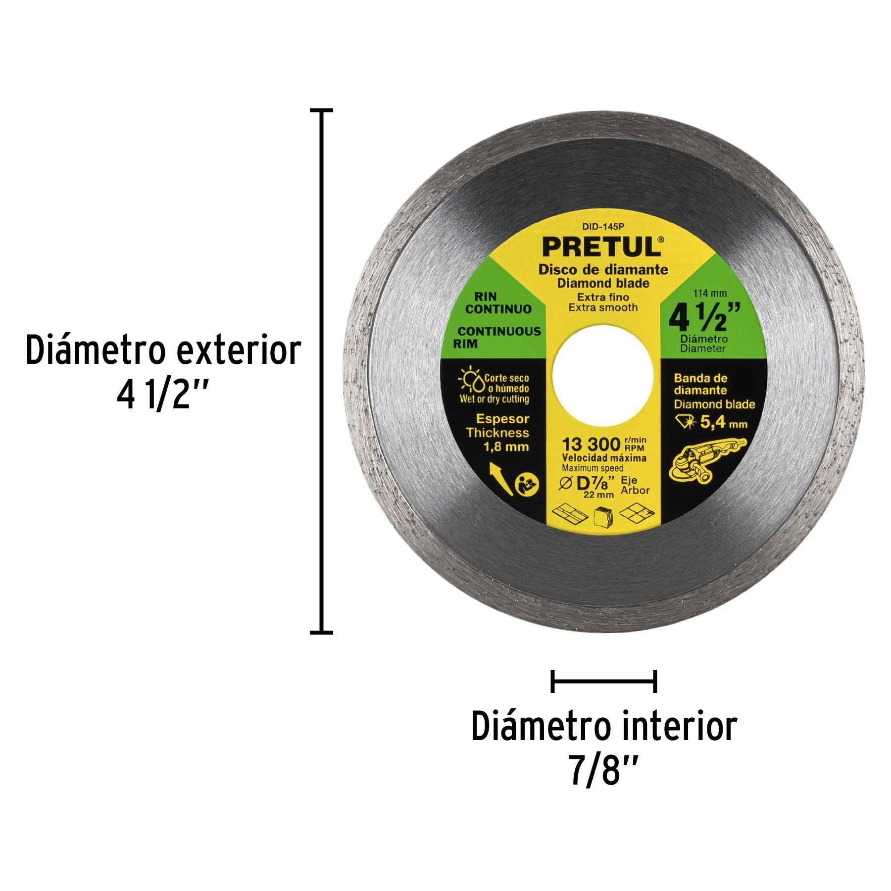 Disco de diamante de 4-1/2" x 1.8 mm, rin continuo, PRETUL 21009