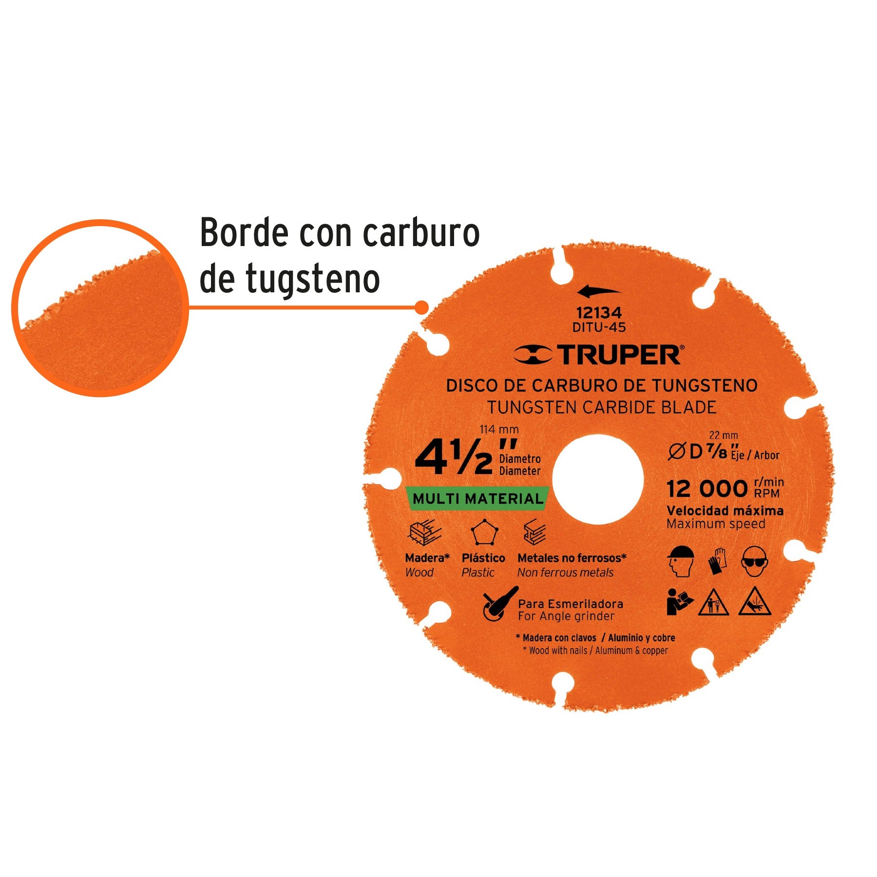 Disco 4-1/2" multimaterial de carburo de tungsteno, TRUPER - 12134
