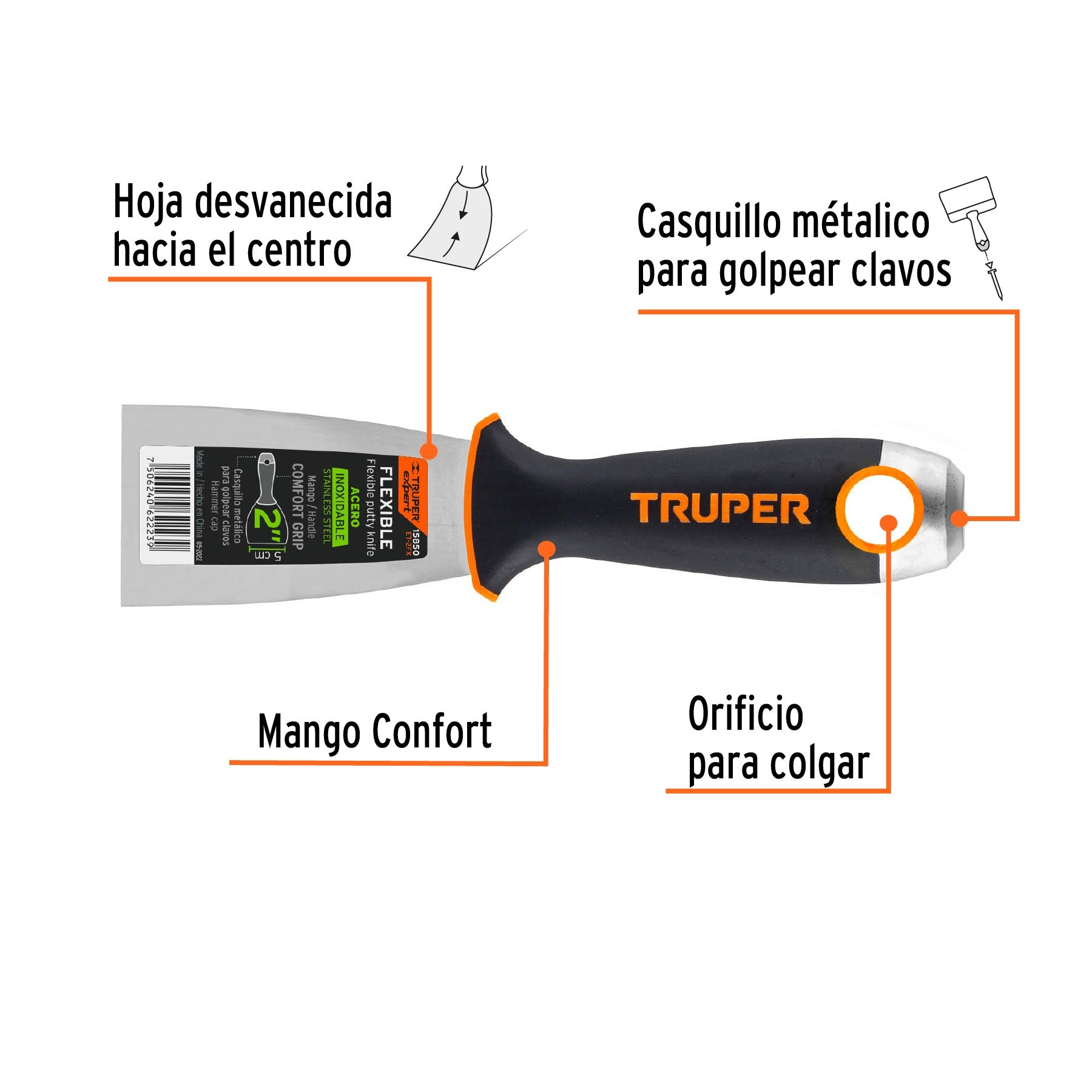 Espátula flexible 2" acero inoxidable, Comfort Grip, TRUPER - 15850