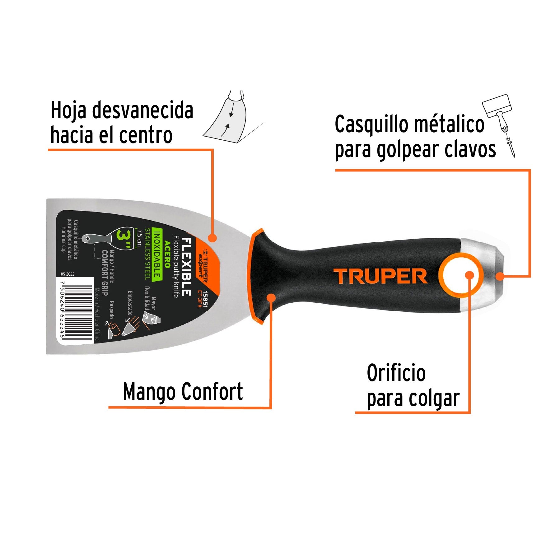Espátula flexible 3" acero inoxidable, Comfort Grip, TRUPER - 15851