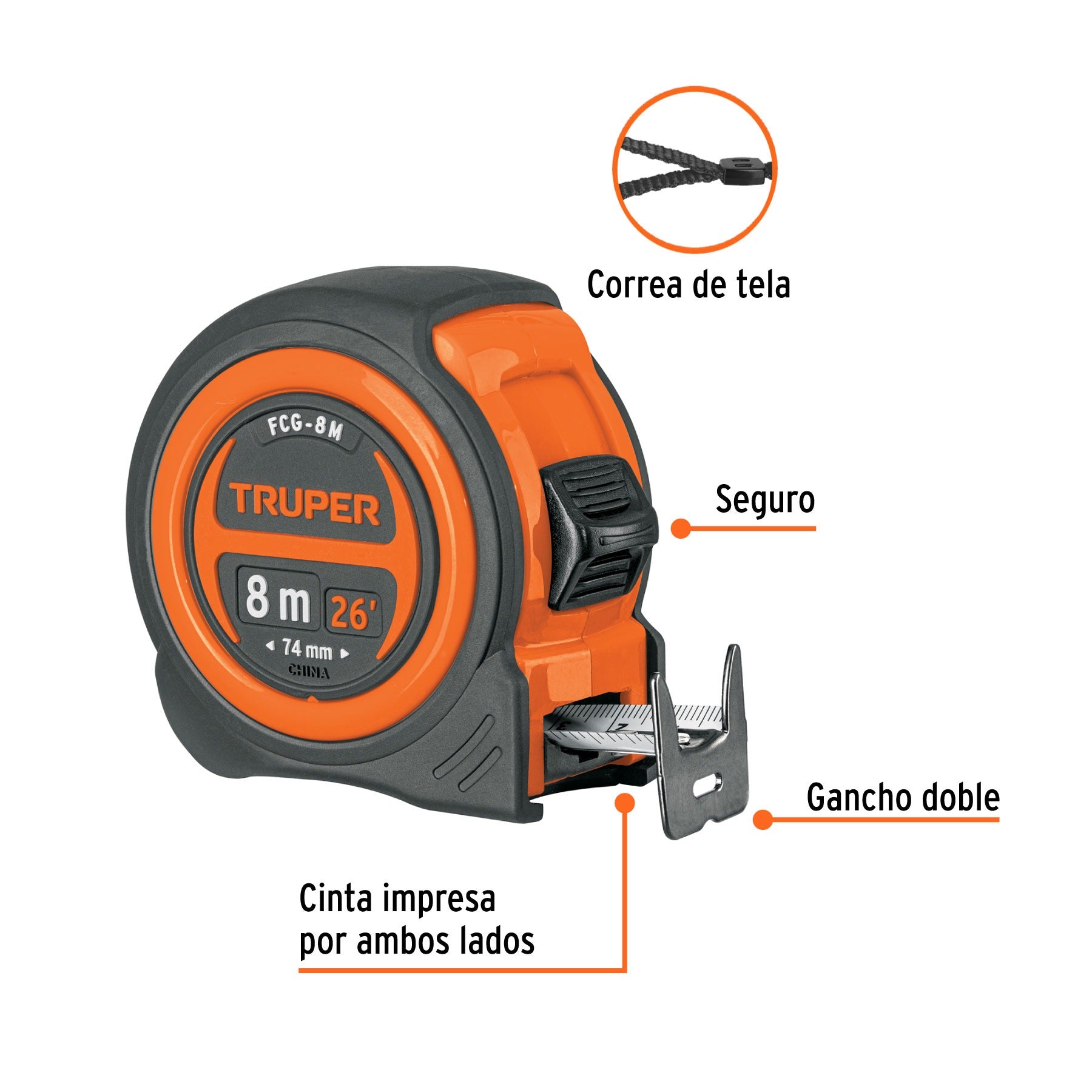 Cinta métrica compacto contra impactos 8 m cinta 25 mm, TRUPER 12774