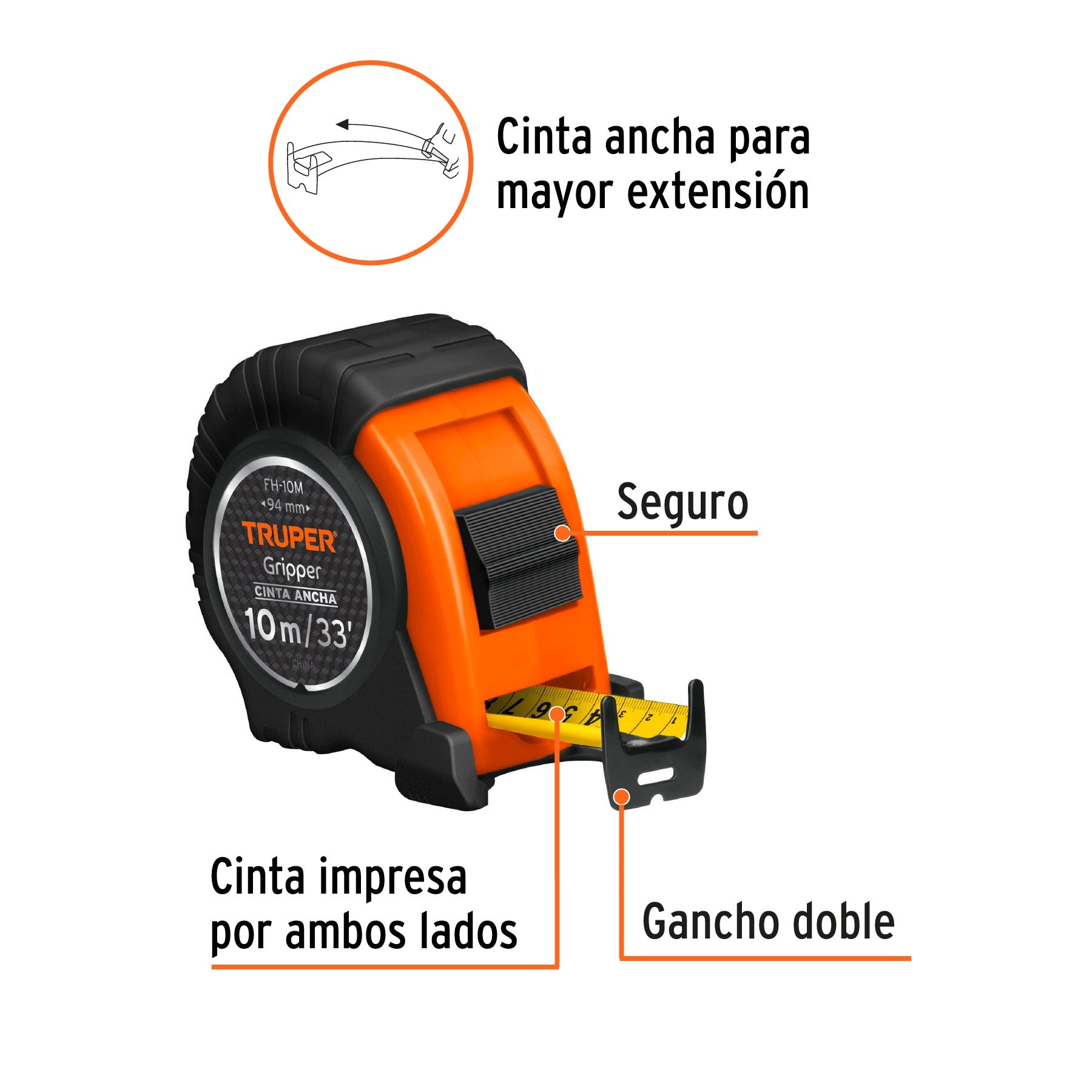 Flexómetro Gripper contra impactos 10 m cinta 32 mm, TRUPER - 14582