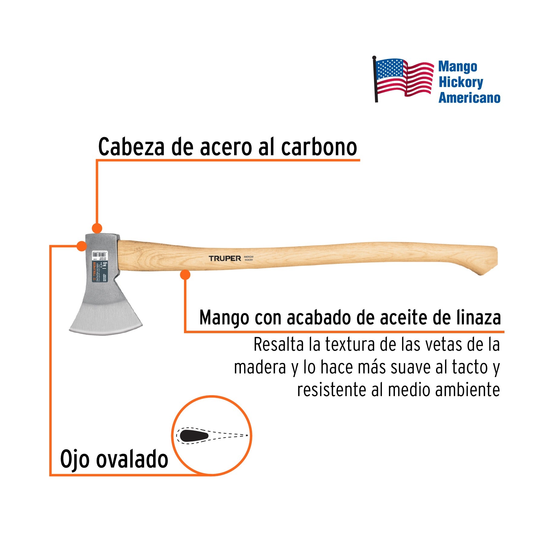 Hacha europea 1000 g, mango hickory 28", TRUPER - 101768