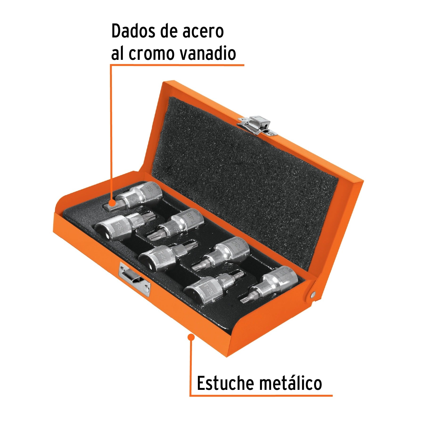 Juego de 7 dados cuadro 1/2" punta torx, estuche metálico TRUPER 13928