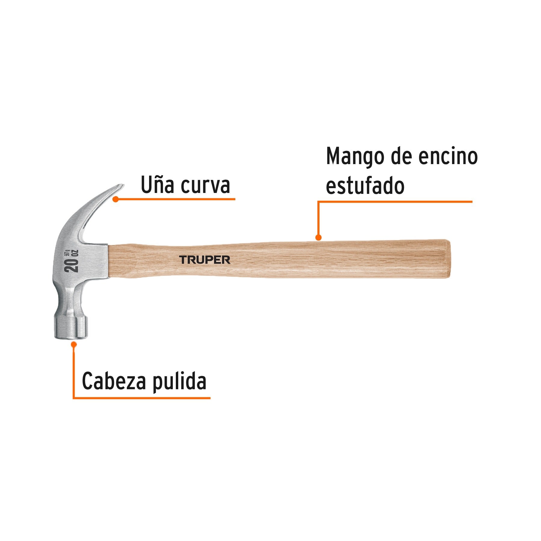 Martillo pulido, 20 oz, uña curva, mango madera, TRUPER 16753