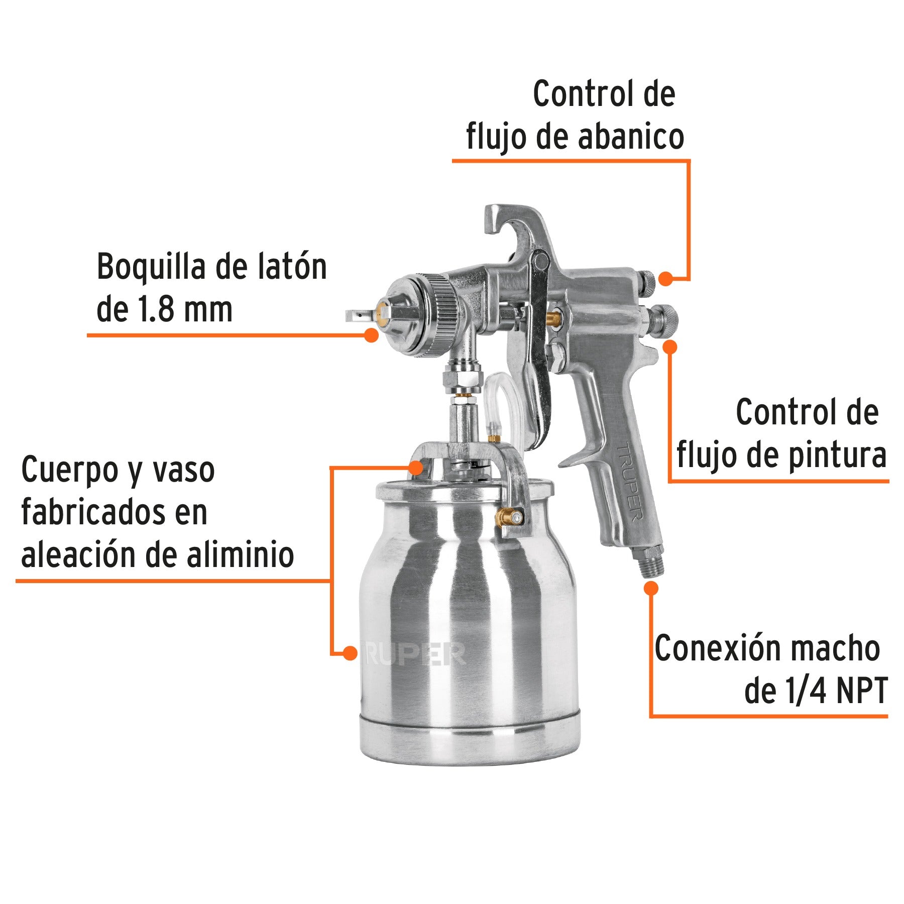 Pistola p/pintar succión HVHP vaso alum, 1.8mm, 2 vál TRUPER - 14087