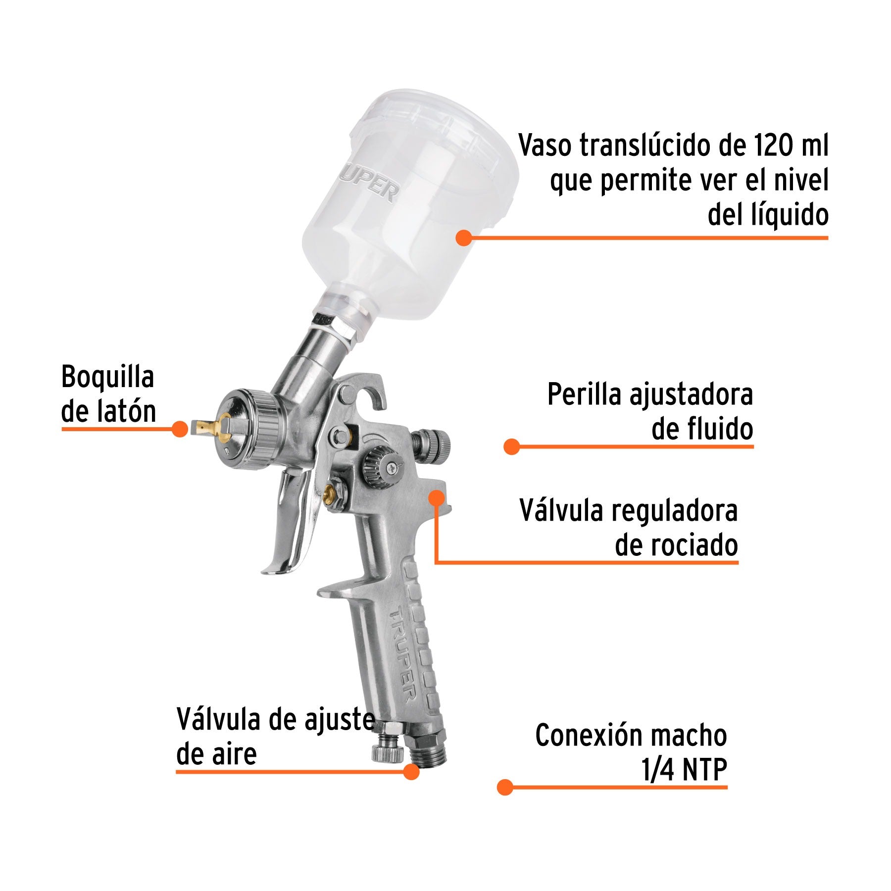 Pistola p/retoque gravedad HVLP vaso plástico, 1 mm, TRUPER - 11097