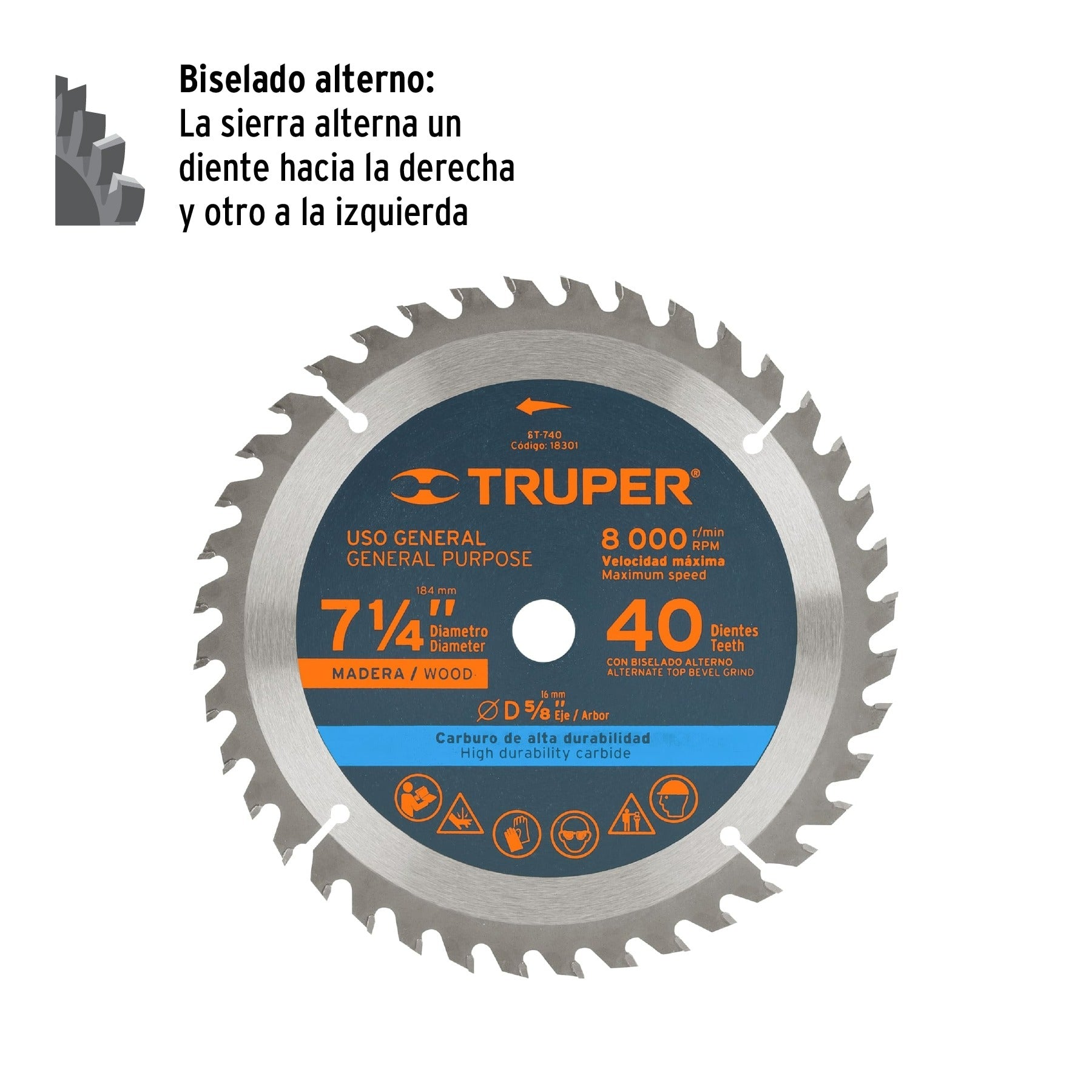 Disco sierra 7- 1/4" para madera, 40 dientes centro 5/8" Truper 18301