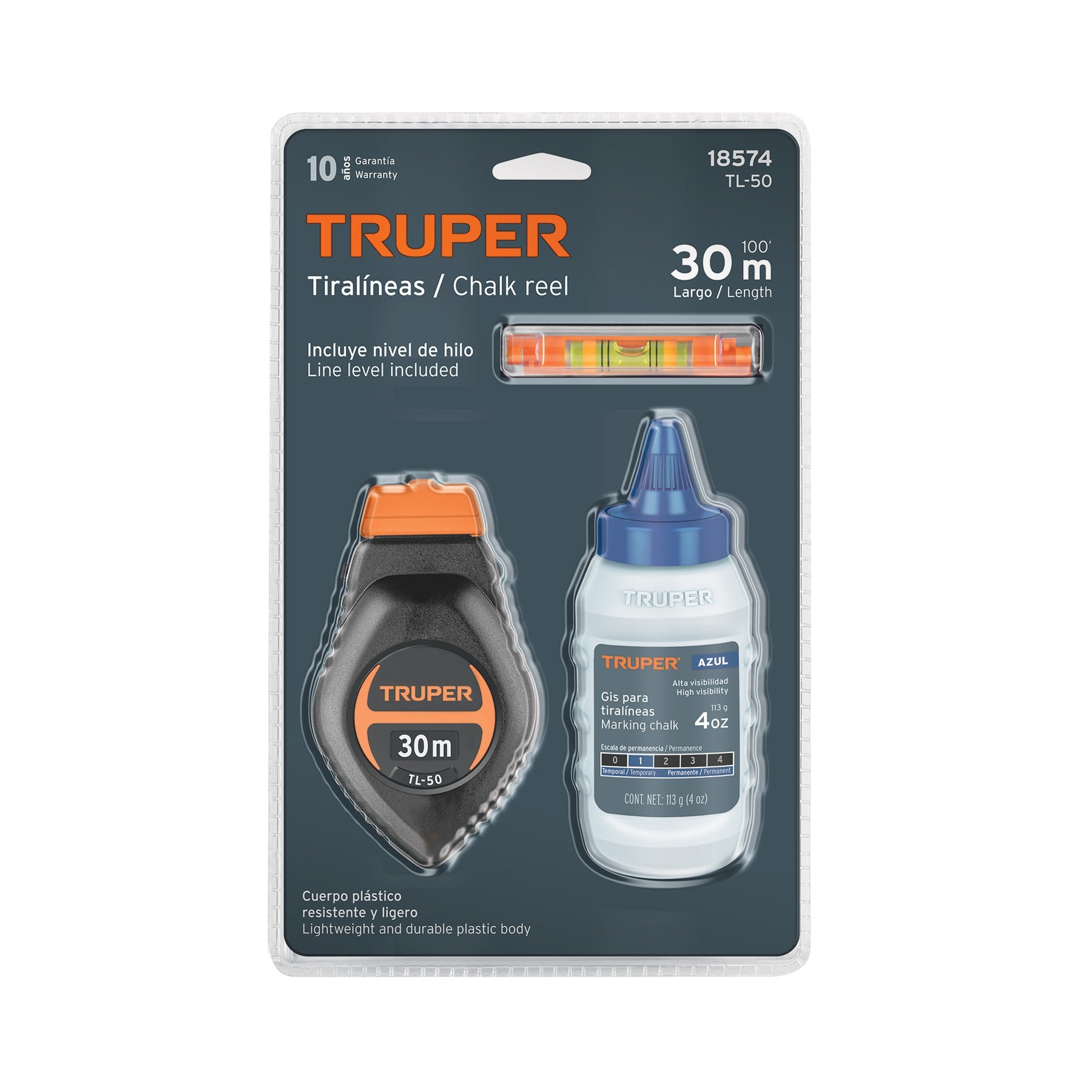 Tiralíneas plástico con gis y nivel 30 m (100 ft), Truper - 18574