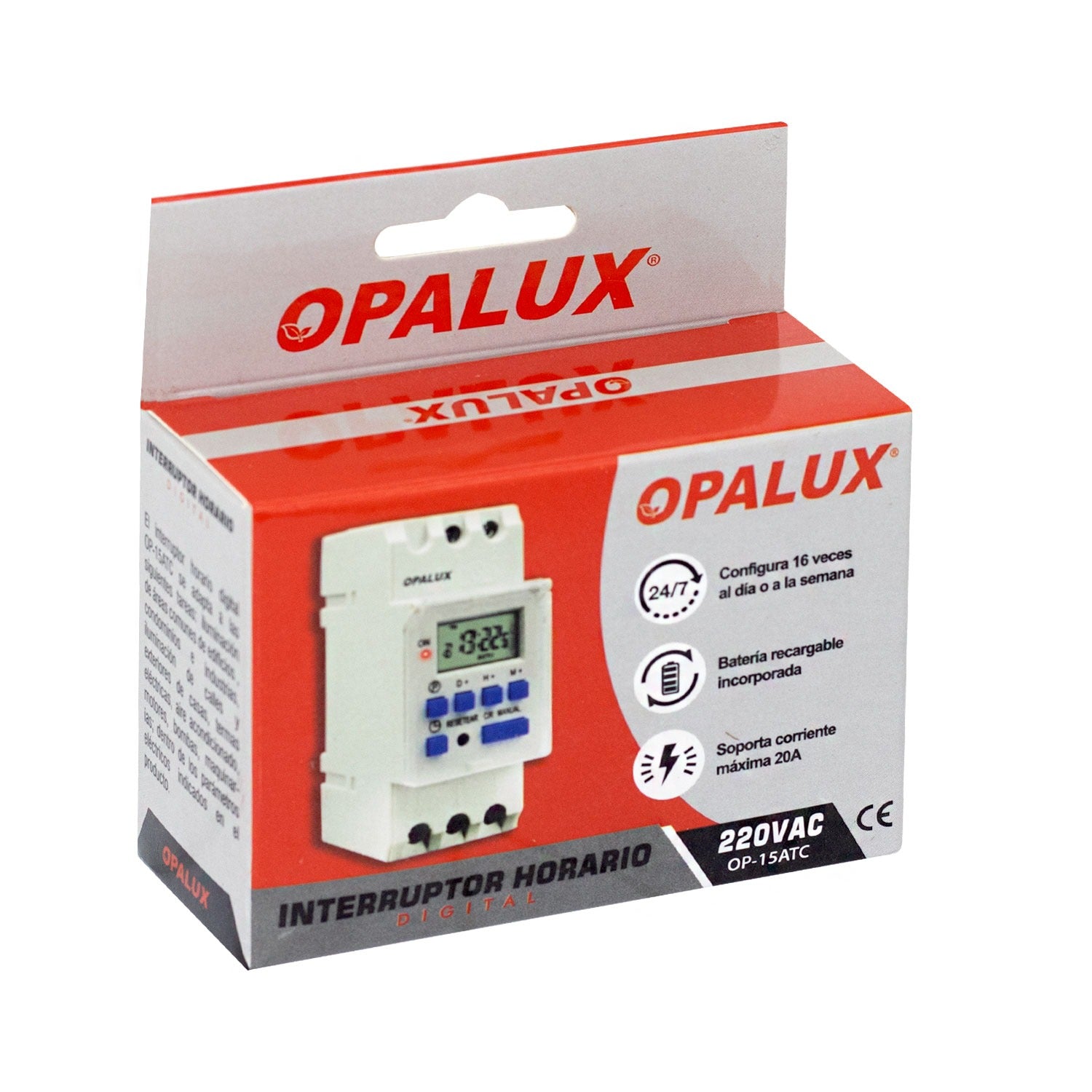 INTERRUPTOR HORARIO DIGITAL OPALUX 230VAC 24H/7D OP-15ATC