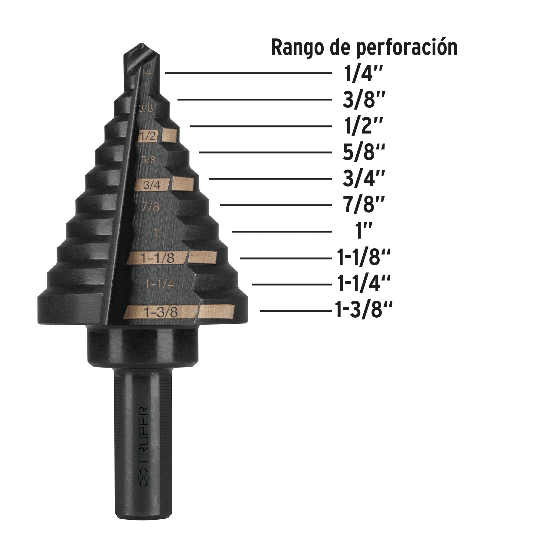 Broca escalonada óxido negro 10escalones 1/4 a 1-3/8",Truper 12126