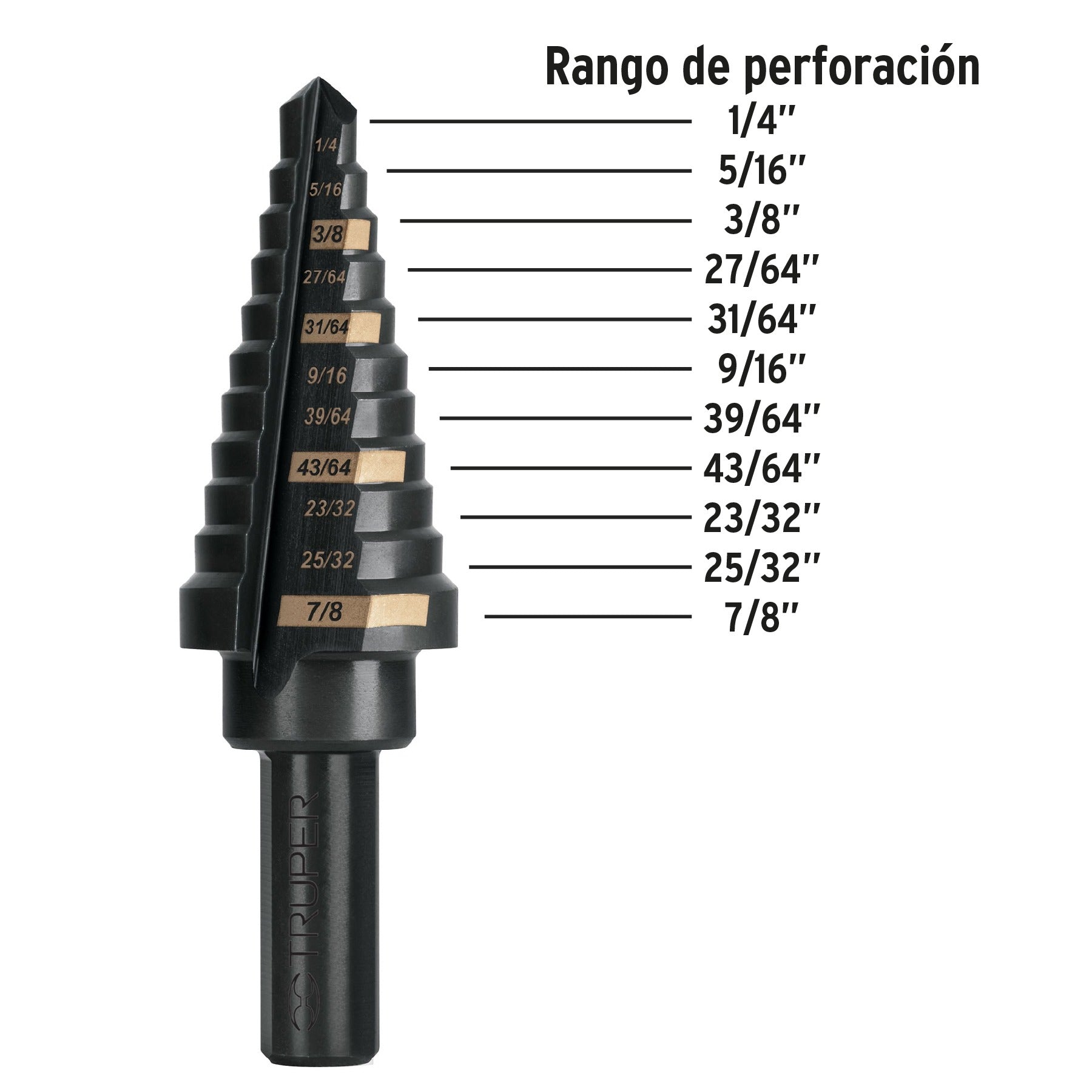 Broca escalonada óxido negro 11 escalones 1/4" a 7/8",Truper 101457