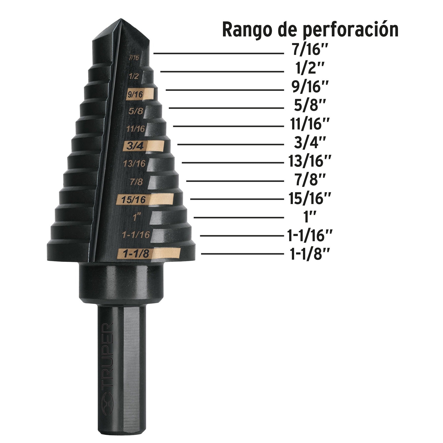 Broca escalonada óxido negro 12escalones 7/16 a 1-1/8,Truper 101458