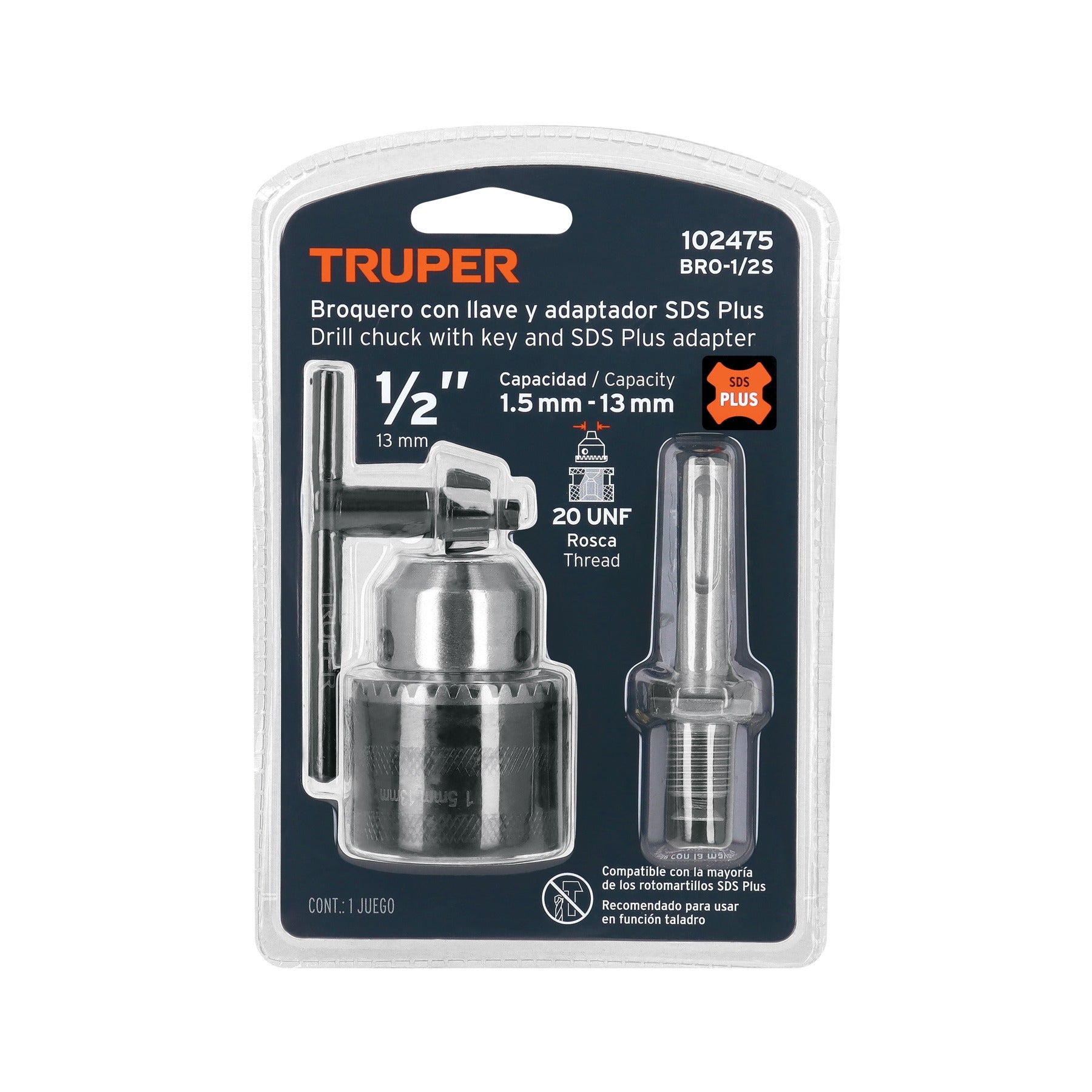 Broquero 1/2" con llave y adaptador SDS Plus, TRUPER 102475
