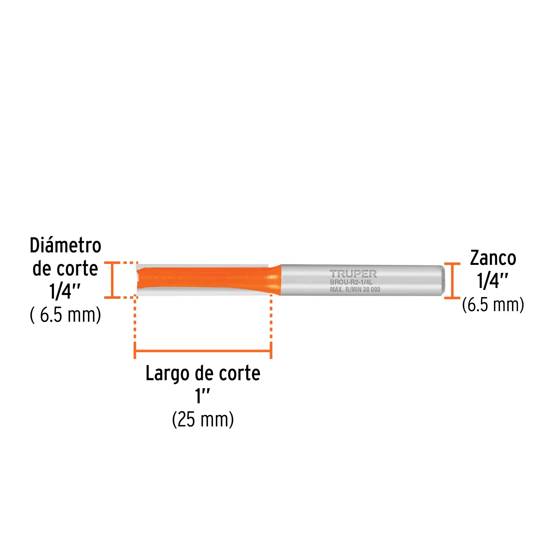 Broca para router, recta 2 filos, 1/4", larga, TRUPER 11453