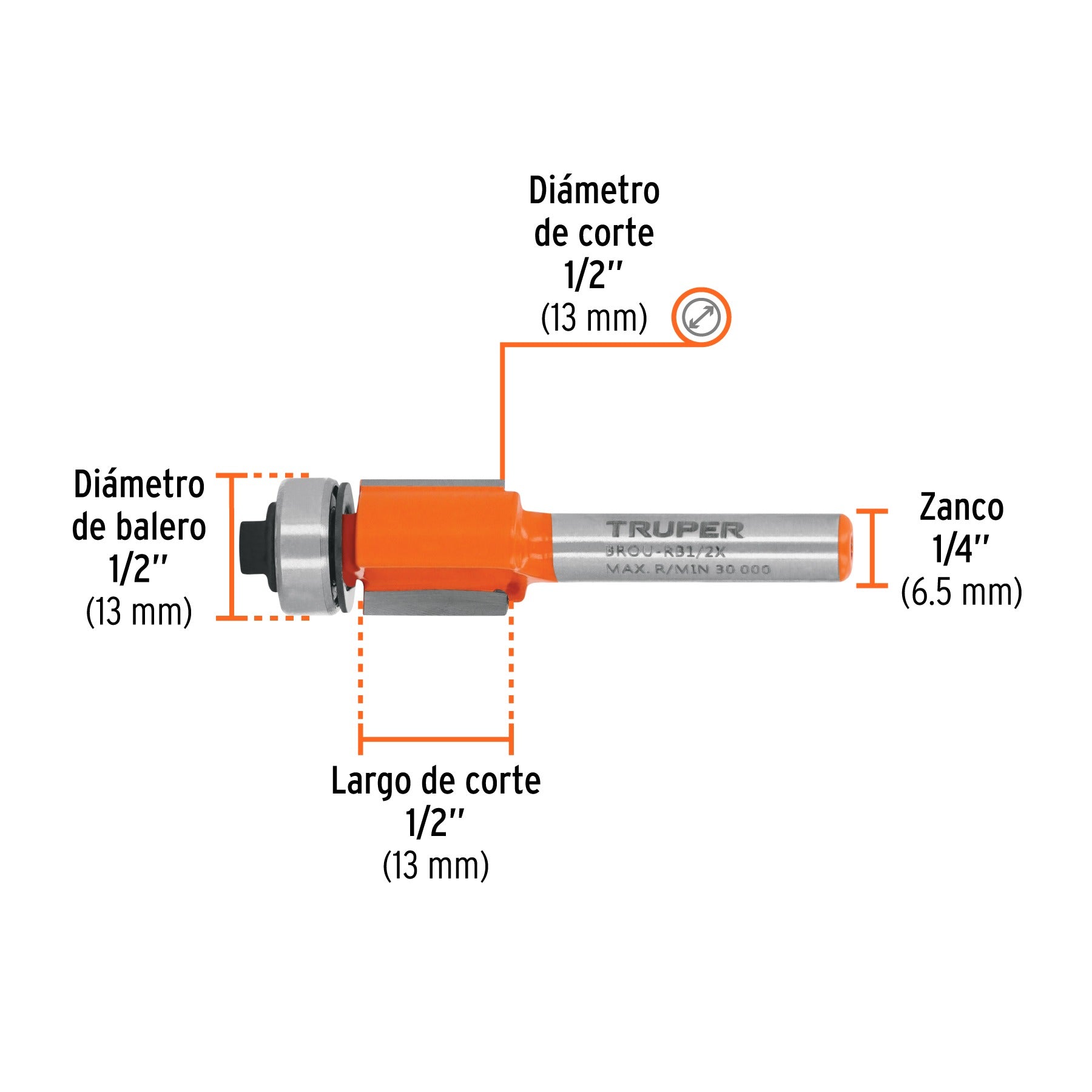 Broca para router, corte recto, 1/2" con balero, TRUPER 11444