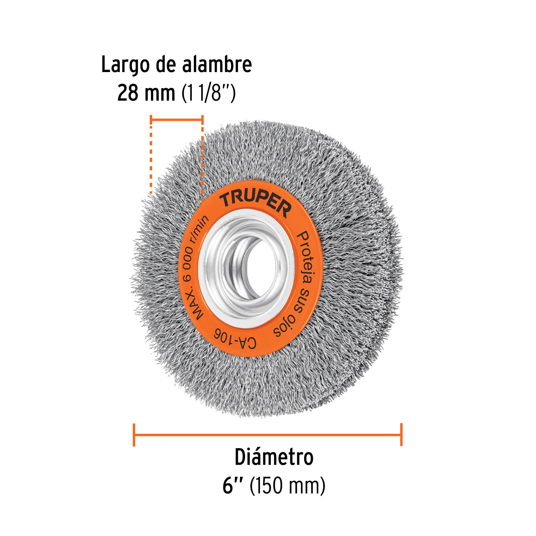 Carda alambre ondulado 6" x 1-1/8" para esmeril, TRUPER 11526