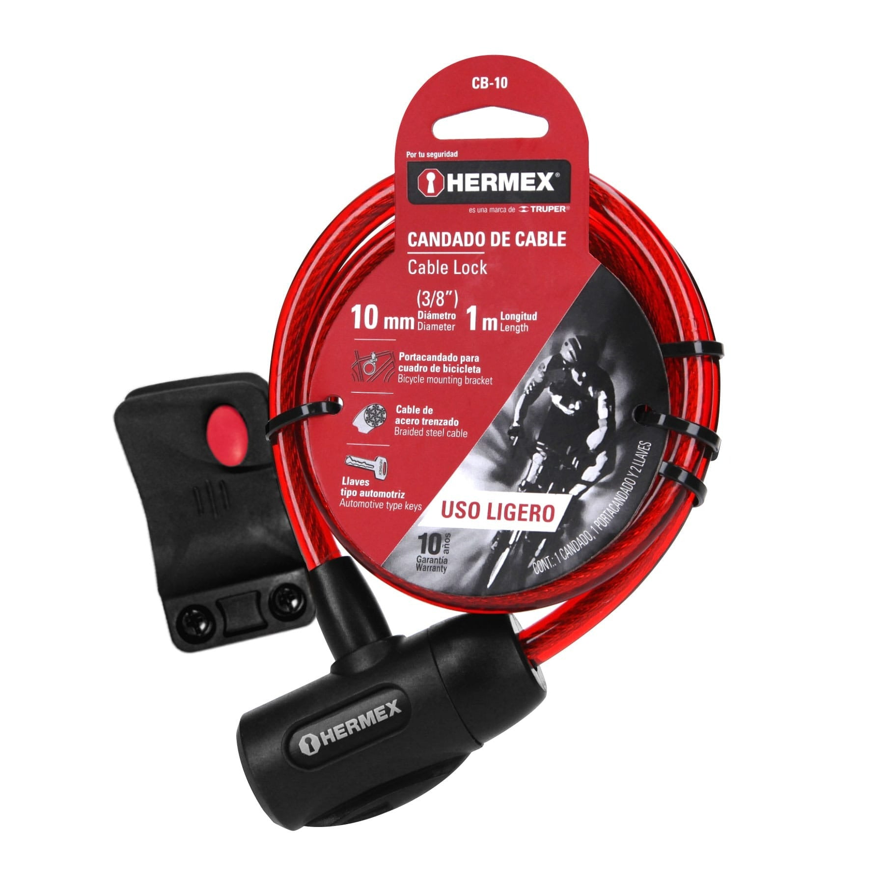 Candado de cable con llave, 10 mm X 1.0 m, HERMEX 43922