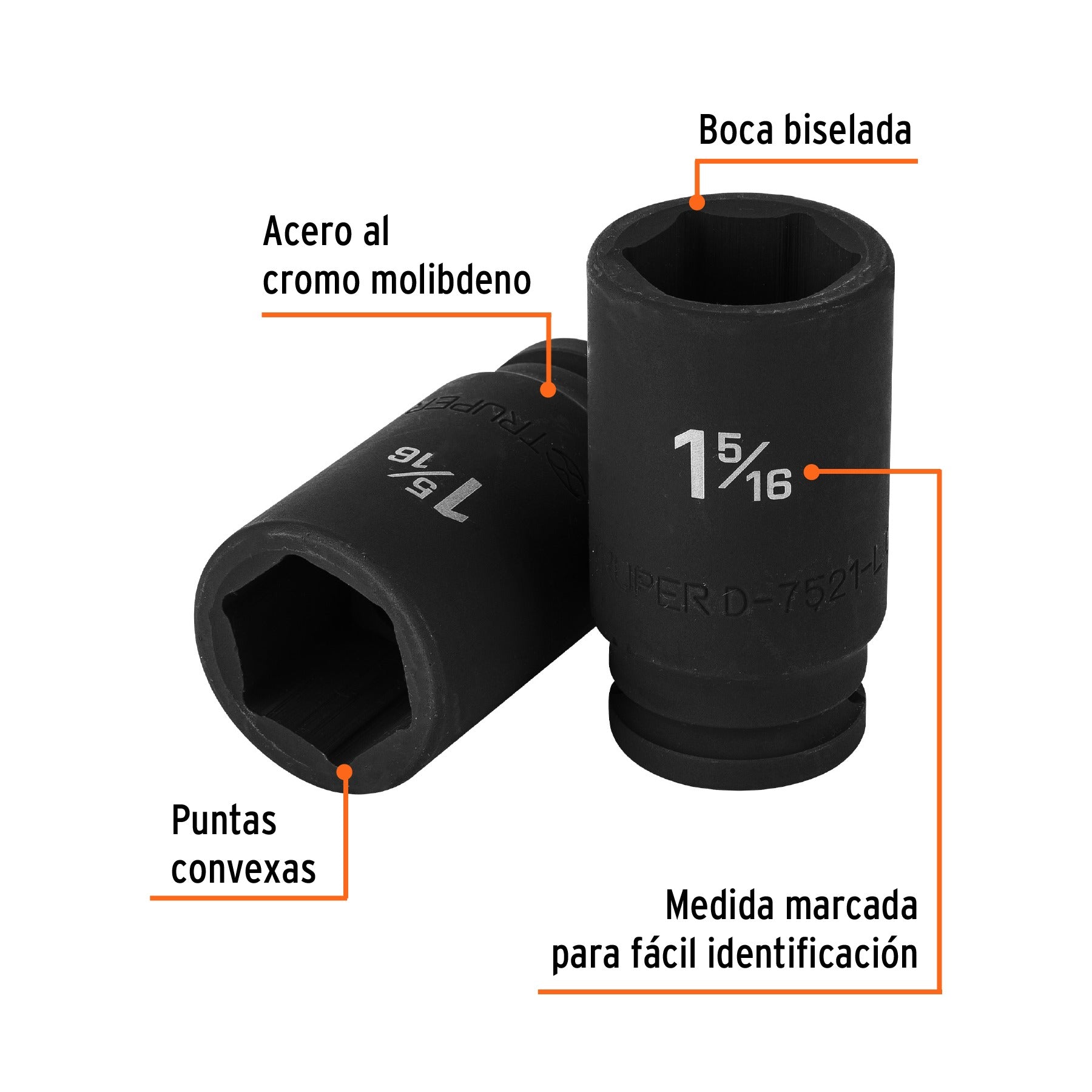 Dado largo de impacto de 1-5/16", 6 puntas, cuadro 3/4" TRUPER 12439